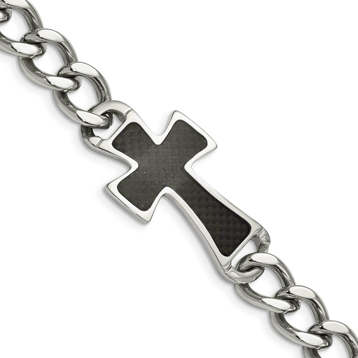 Black Carbon Fiber Inlay Cross 8.5 Inch Bracelet Stainless Steel Polished SRB289-8.5 by Chisel, MPN…