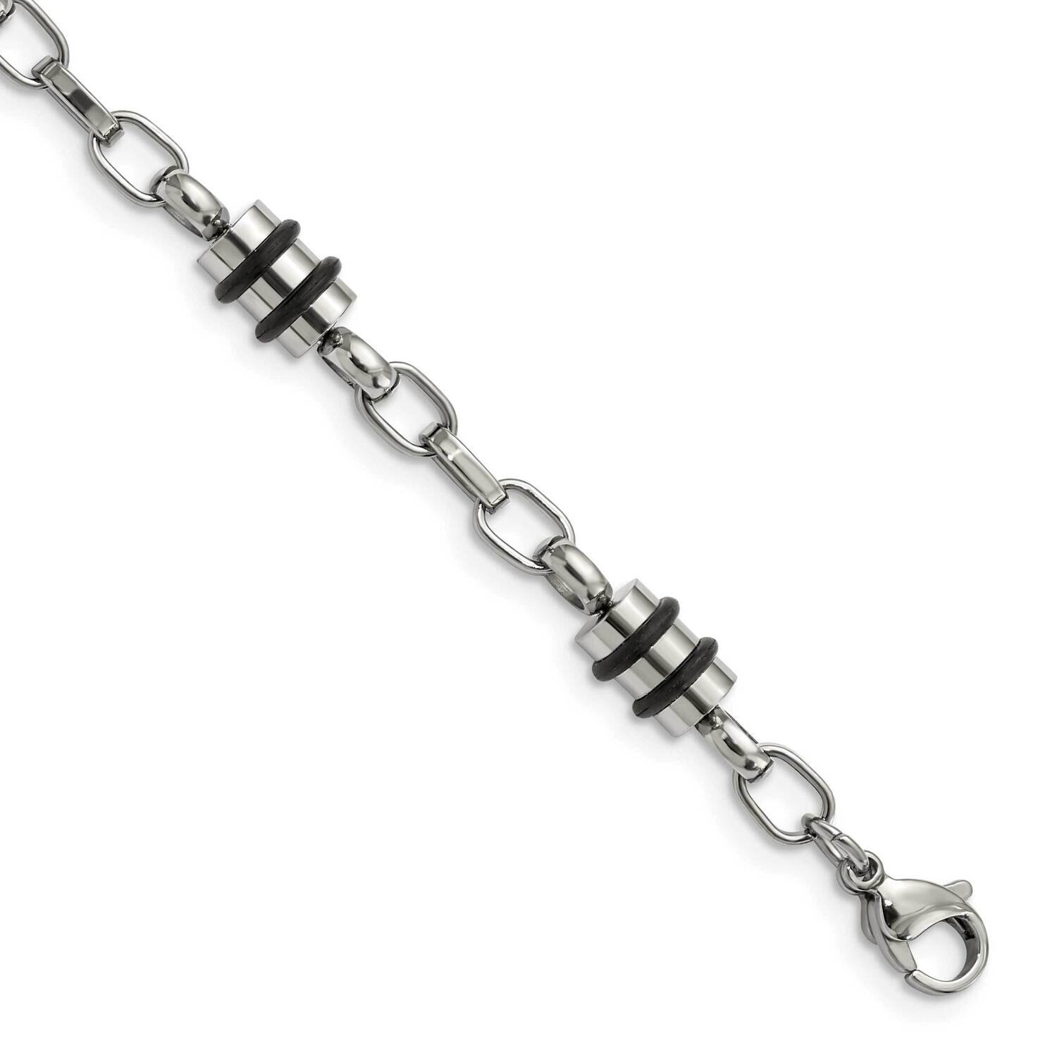 Rubber Accent Barrel Link 8 Inch Bracelet Stainless Steel SRB370-8