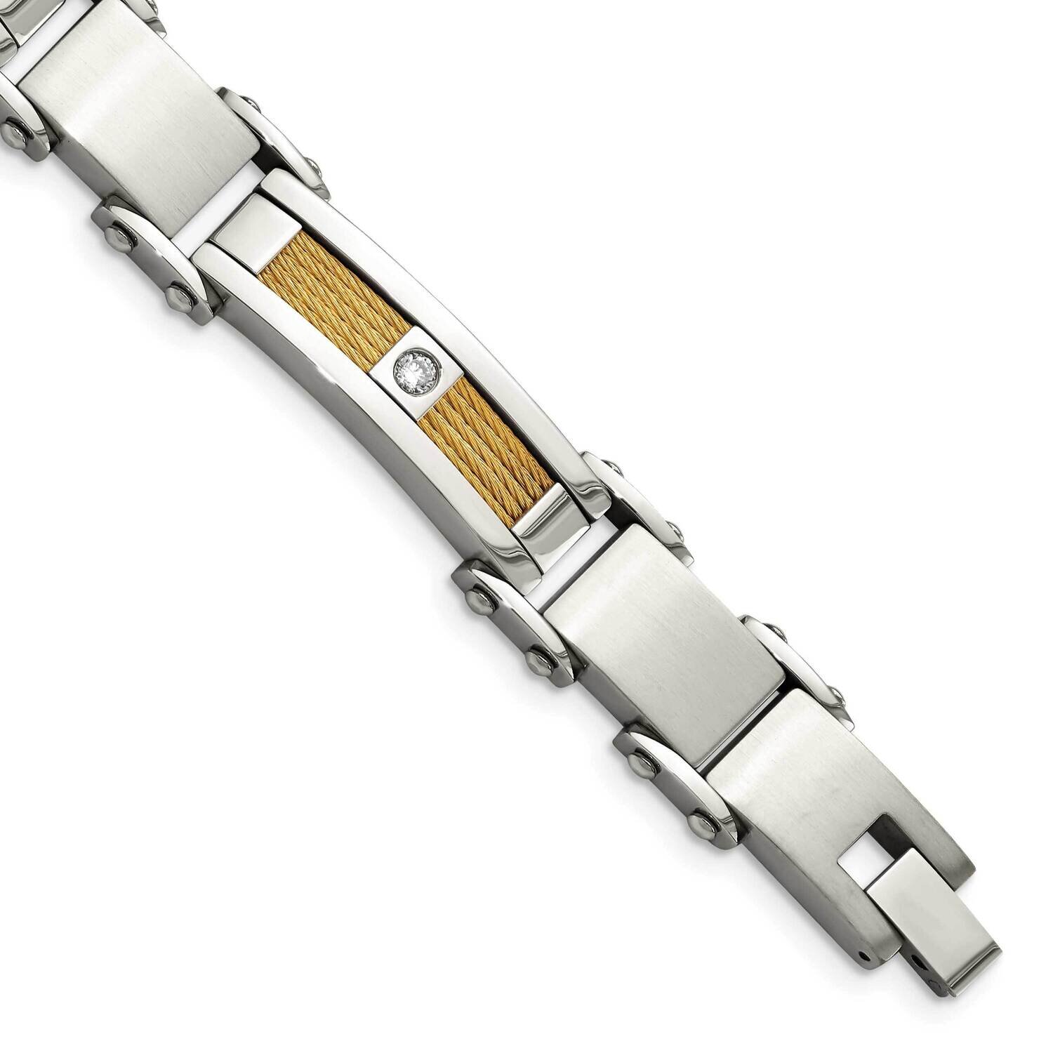 Yellow IP-plated Cable with CZ Stone Bracelet Stainless Steel SRB422-8.5 by Chisel, MPN: SRB422-8.5…