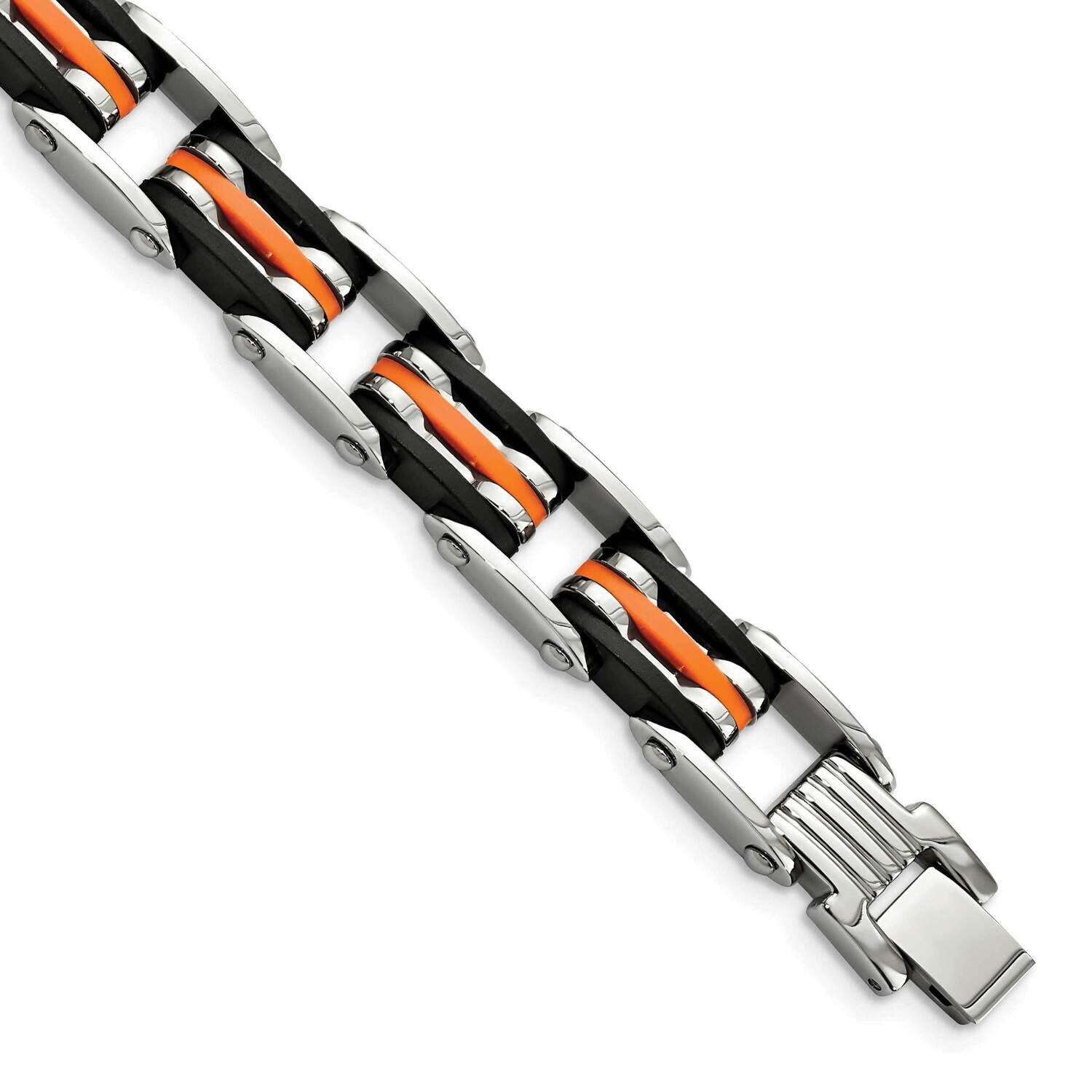 Black &amp; Orange Rubber 8.5 Inch Bracelet Stainless Steel SRB469-8.5 by Chisel, MPN: SRB469-8.5, 8867…