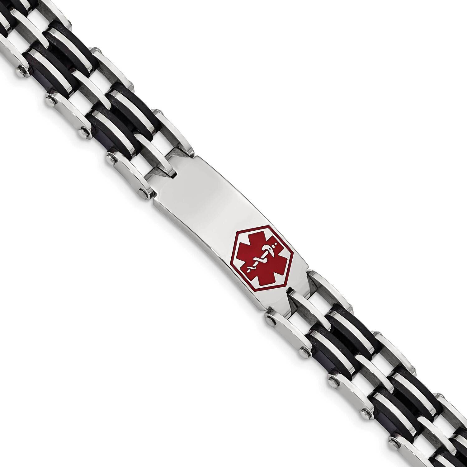 Black Rubber Red Enamel 8.25 Inch Medical Bracelet Stainless Steel SRB548-8.25 by Chisel, MPN: SRB5…