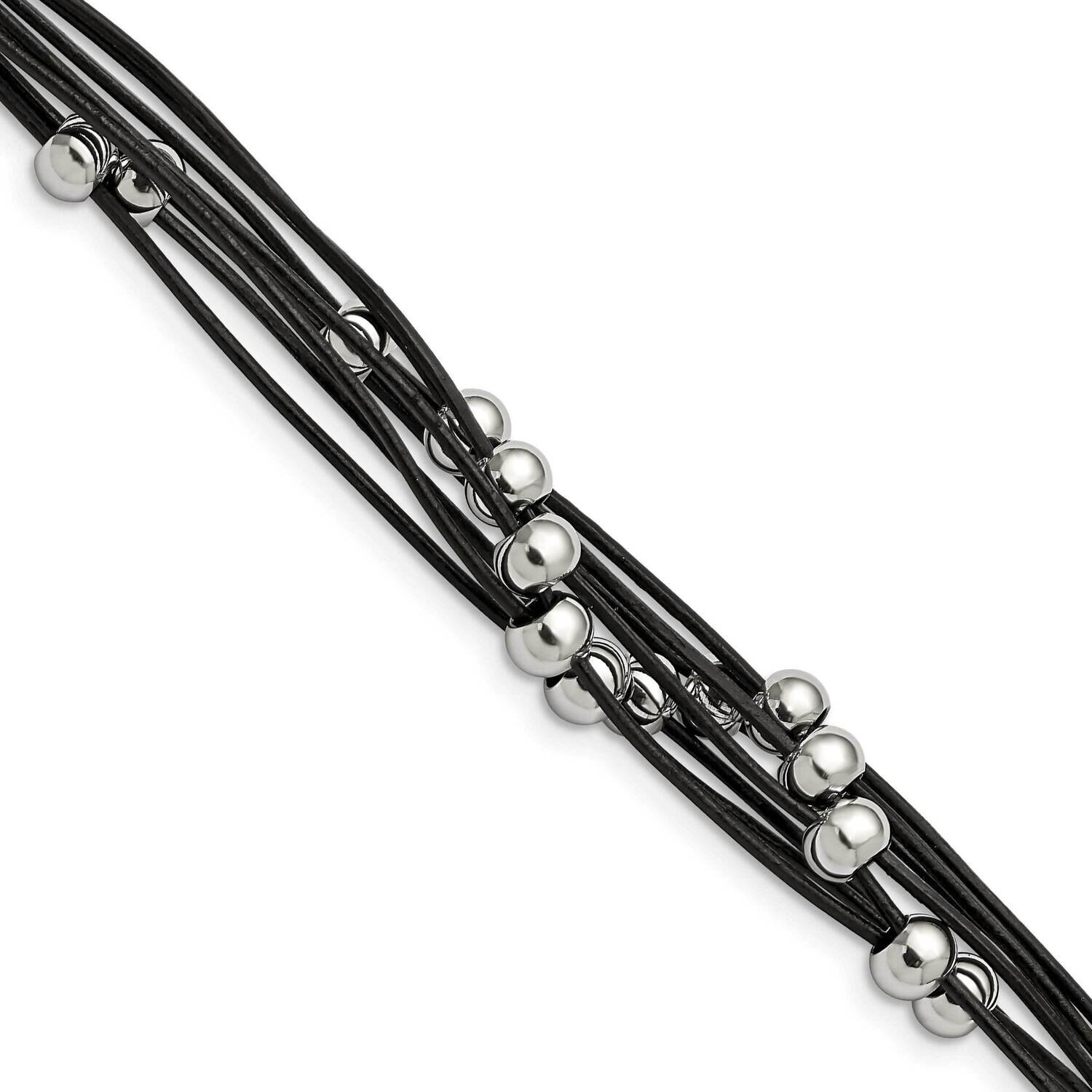 Black Leather Beads 8 Inch Bracelet Stainless Steel SRB749-8