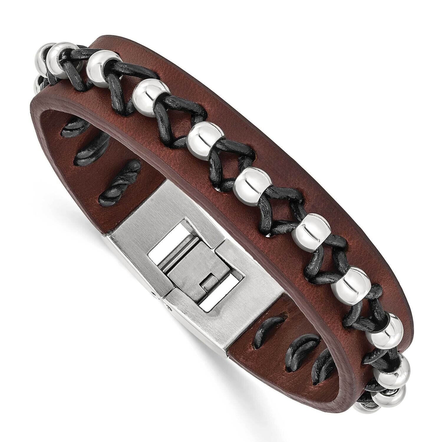 Brown Leather with Polished Beads Bracelet Stainless Steel SRB779-8.5 by Chisel, MPN: SRB779-8.5, 8…