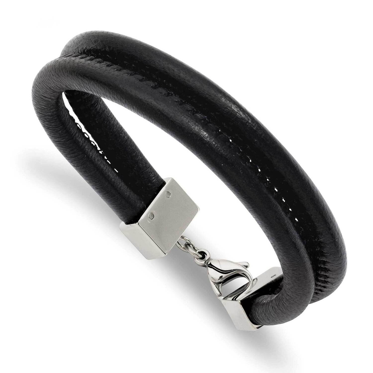 Black Leather Double Row 8.5 Inch Bracelet Stainless Steel SRB783-8.5 by Chisel, MPN: SRB783-8.5, 8…