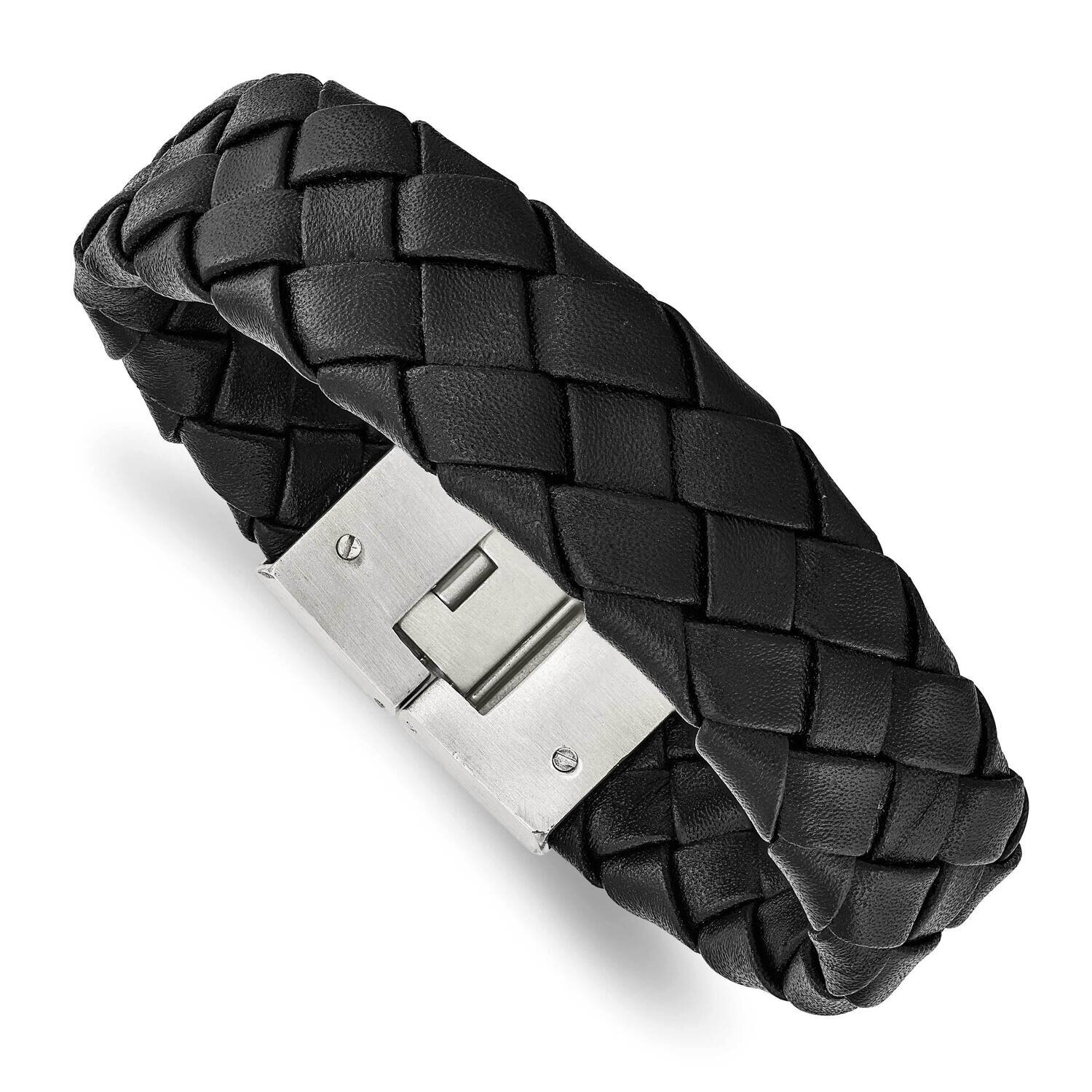 Black Leather 8.5 in Bracelet Stainless Steel Brushed SRB784-8.5