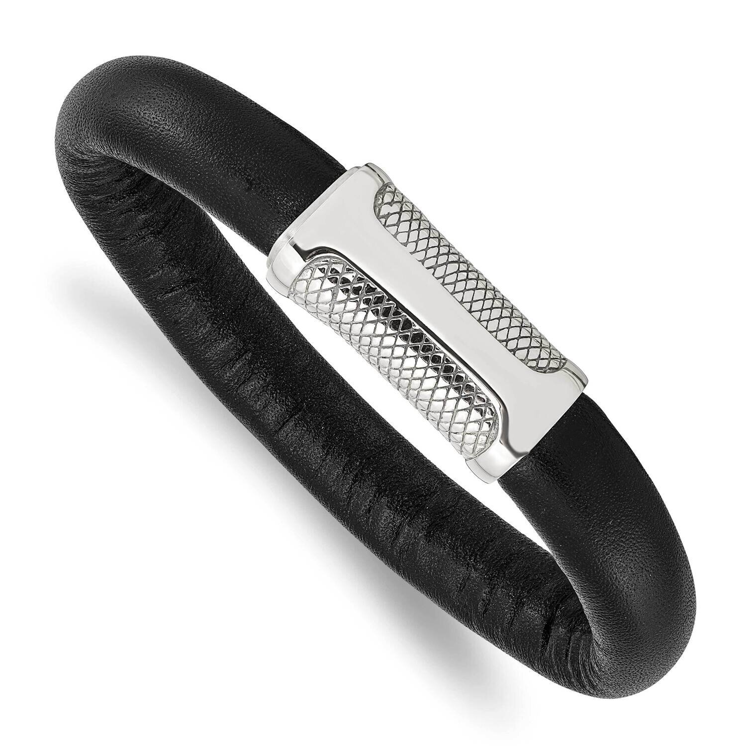 Black Leather & Textured 8.5 Inch Bracelet Stainless Steel SRB865-8.5