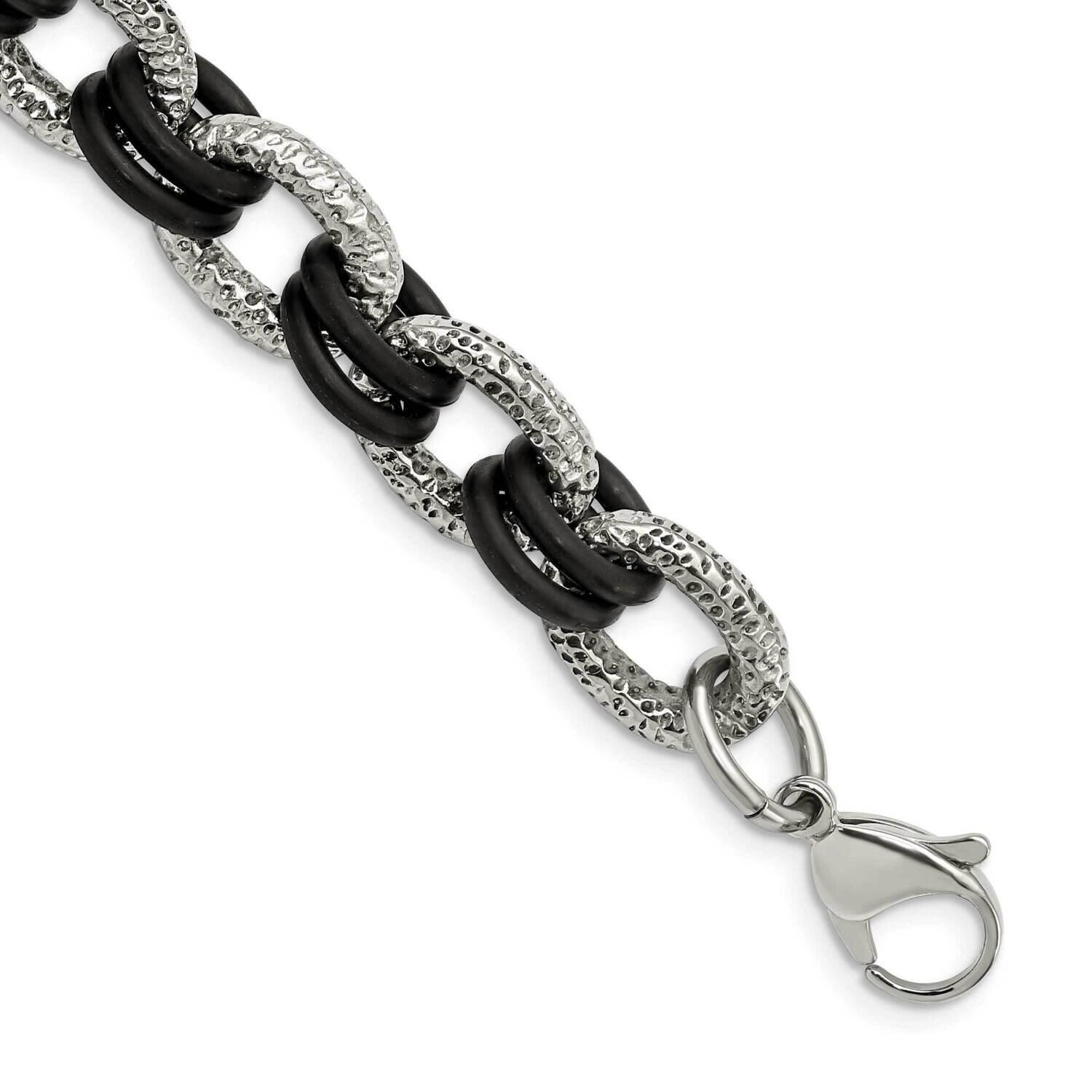 Textured & Black Rubber 9 Inch Bracelet Stainless Steel SRB904-9