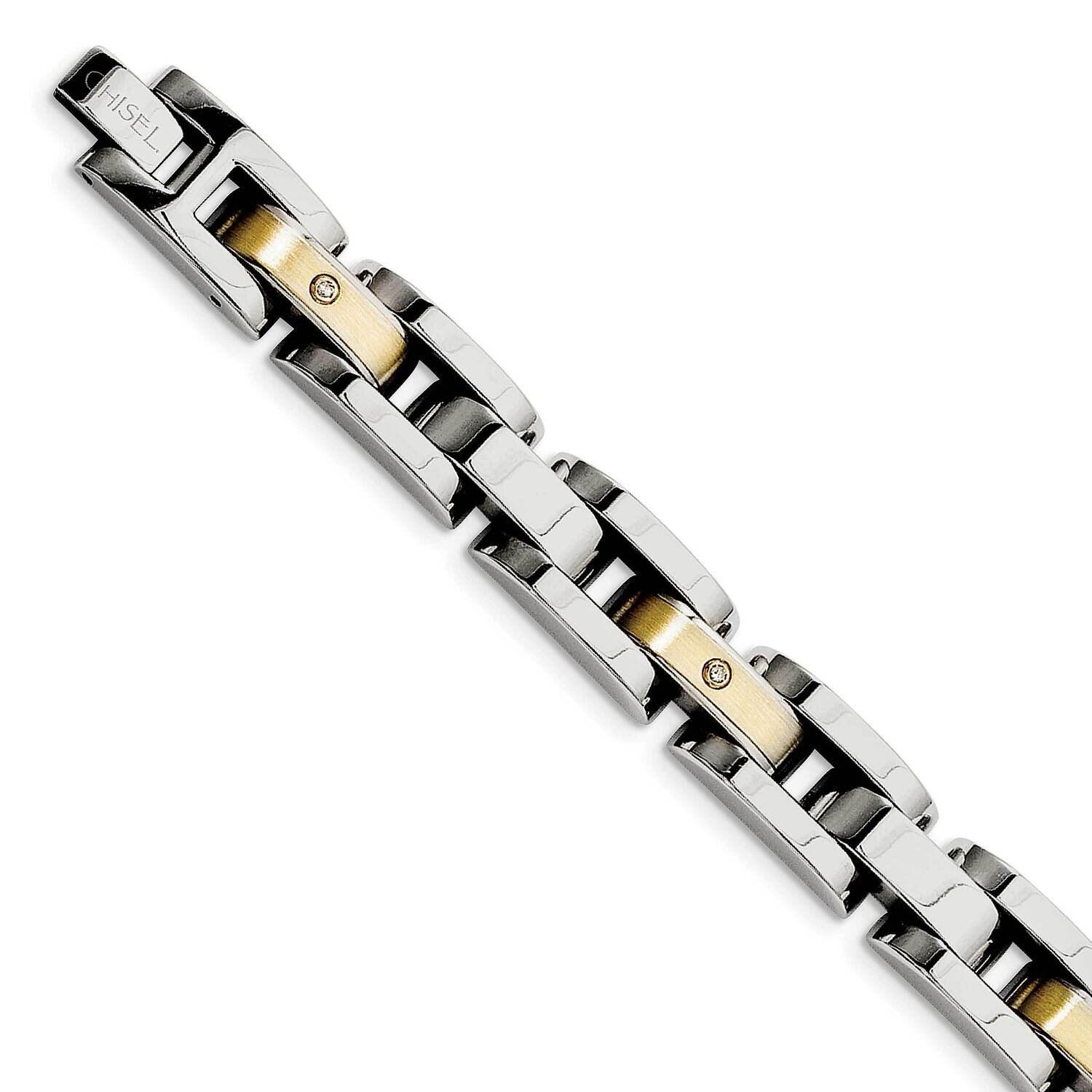 Polished 14k Gold Accent Diamonds 8.25 Inch Bracelet Stainless Steel Brushed SRB977-8.5
