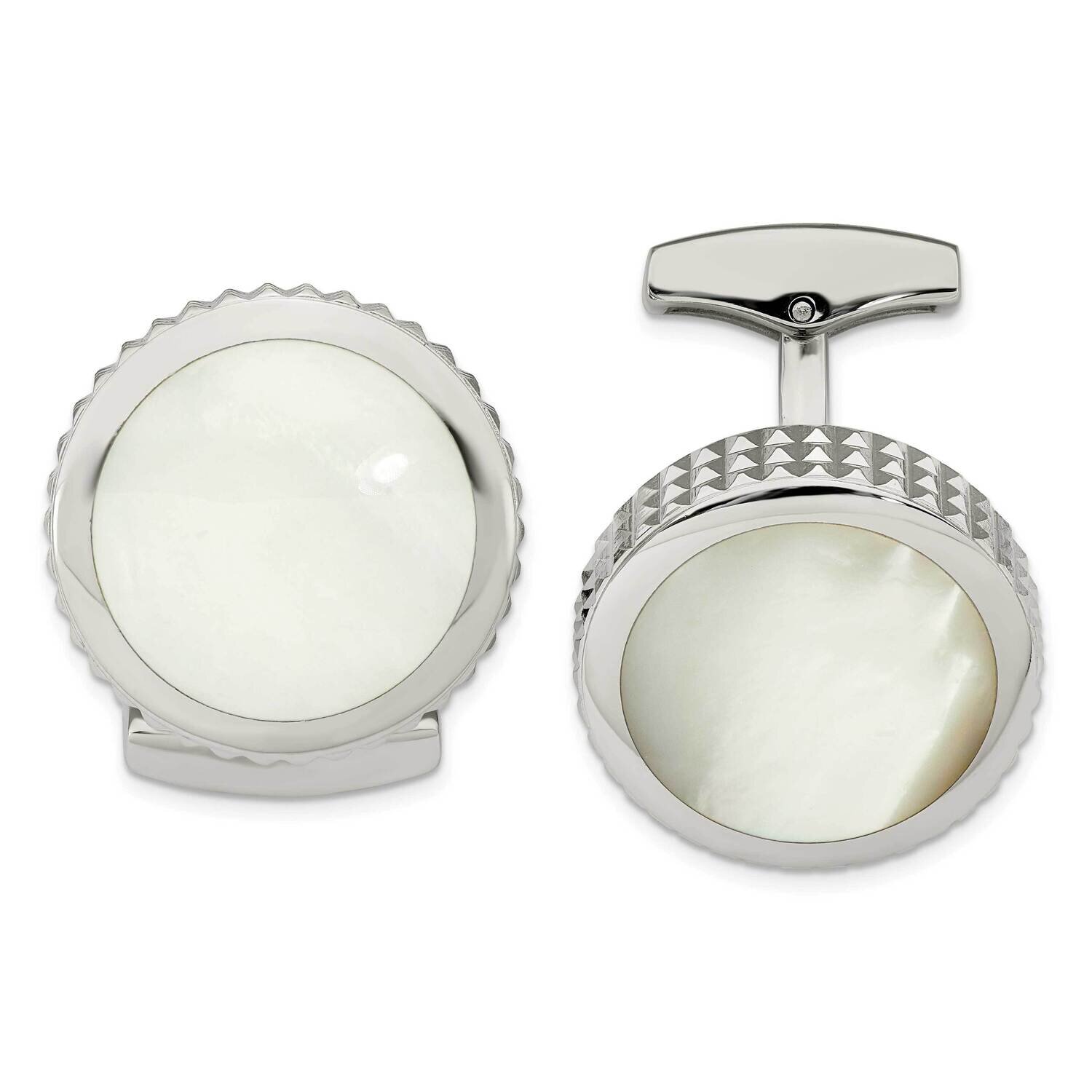 Studded Round Mother of Pearl Cufflinks Stainless Steel Polished SRC318