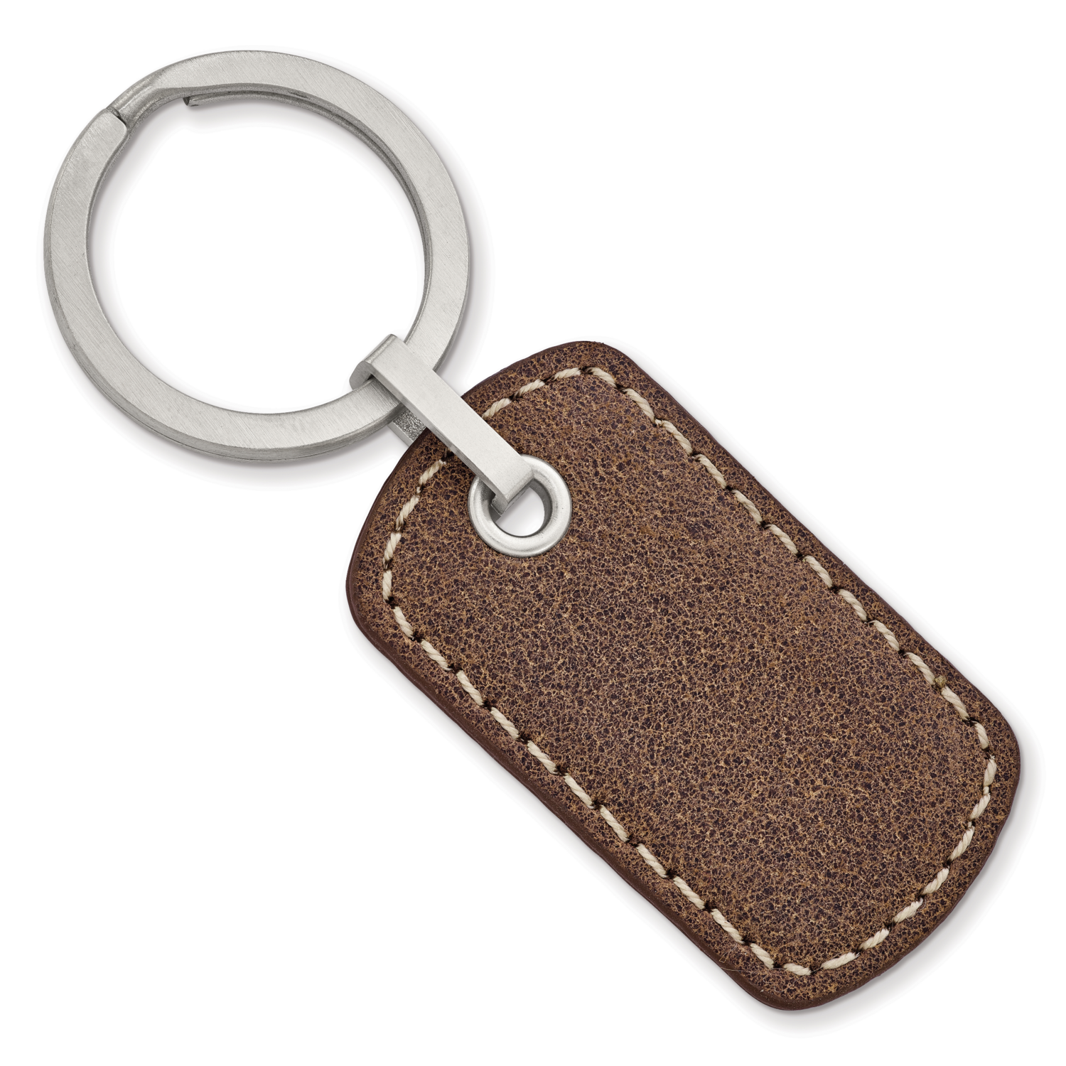 Tan Stitched Leather Key Ring Stainless Steel Brushed SRK161