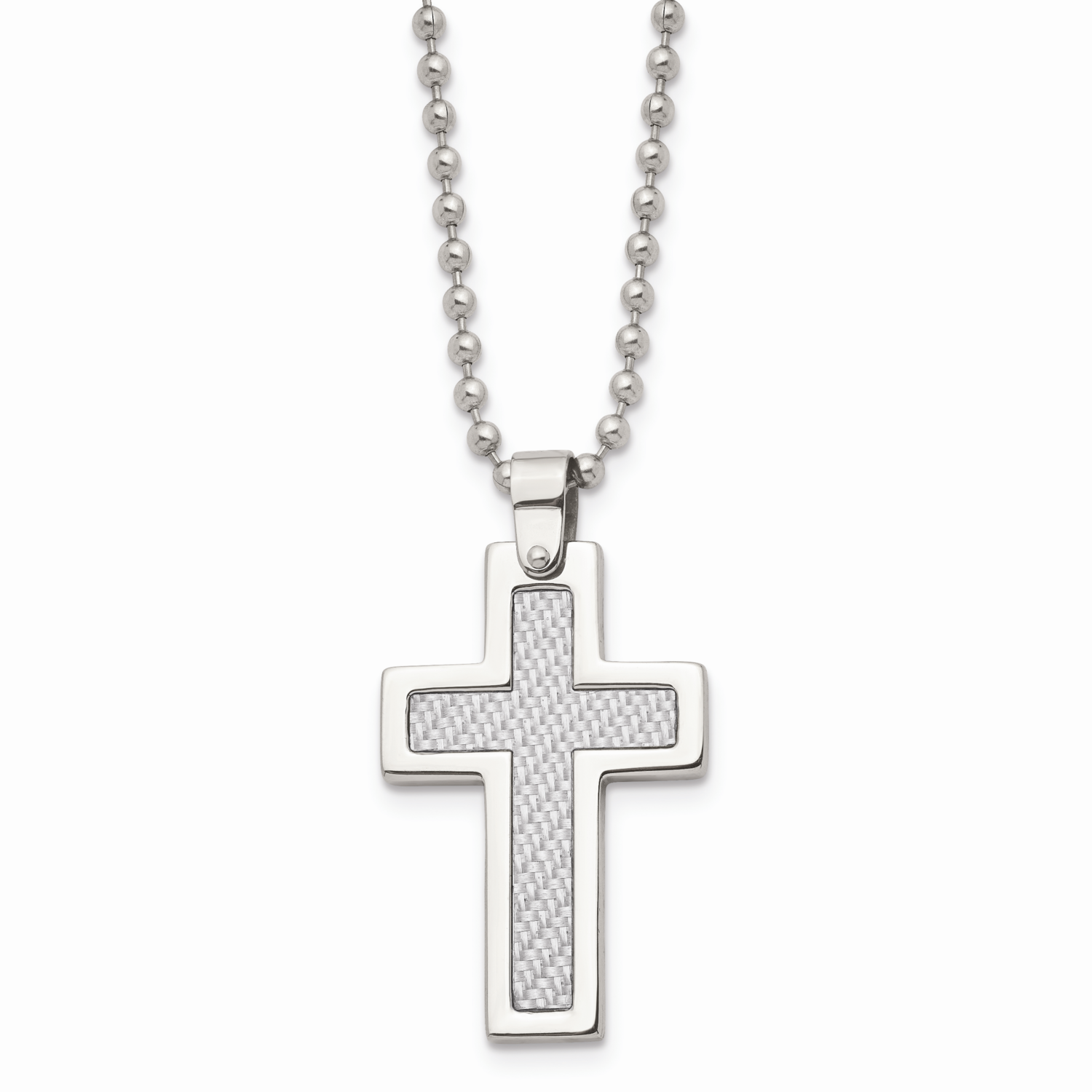 Grey Carbon Fiber Inlay Cross 22 Inch Necklace Stainless Steel Polished SRN101-22