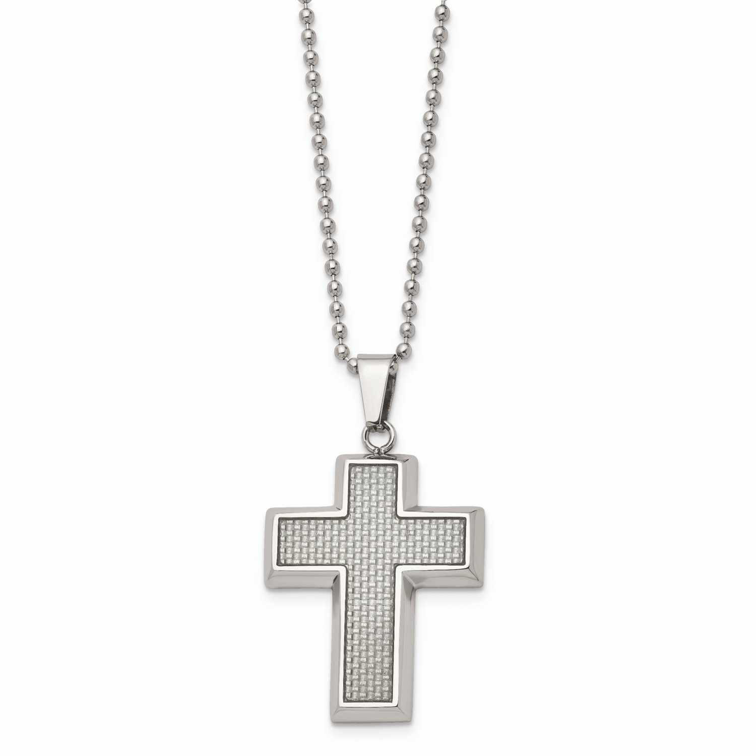 Grey Carbon Fiber Inlay Cross 22 Inch Necklace Stainless Steel Polished SRN103-22