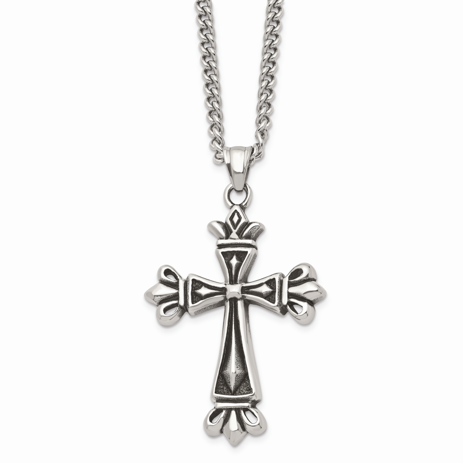 Antiqued Cross 24 Inch Necklace Stainless Steel Polished SRN1035-24