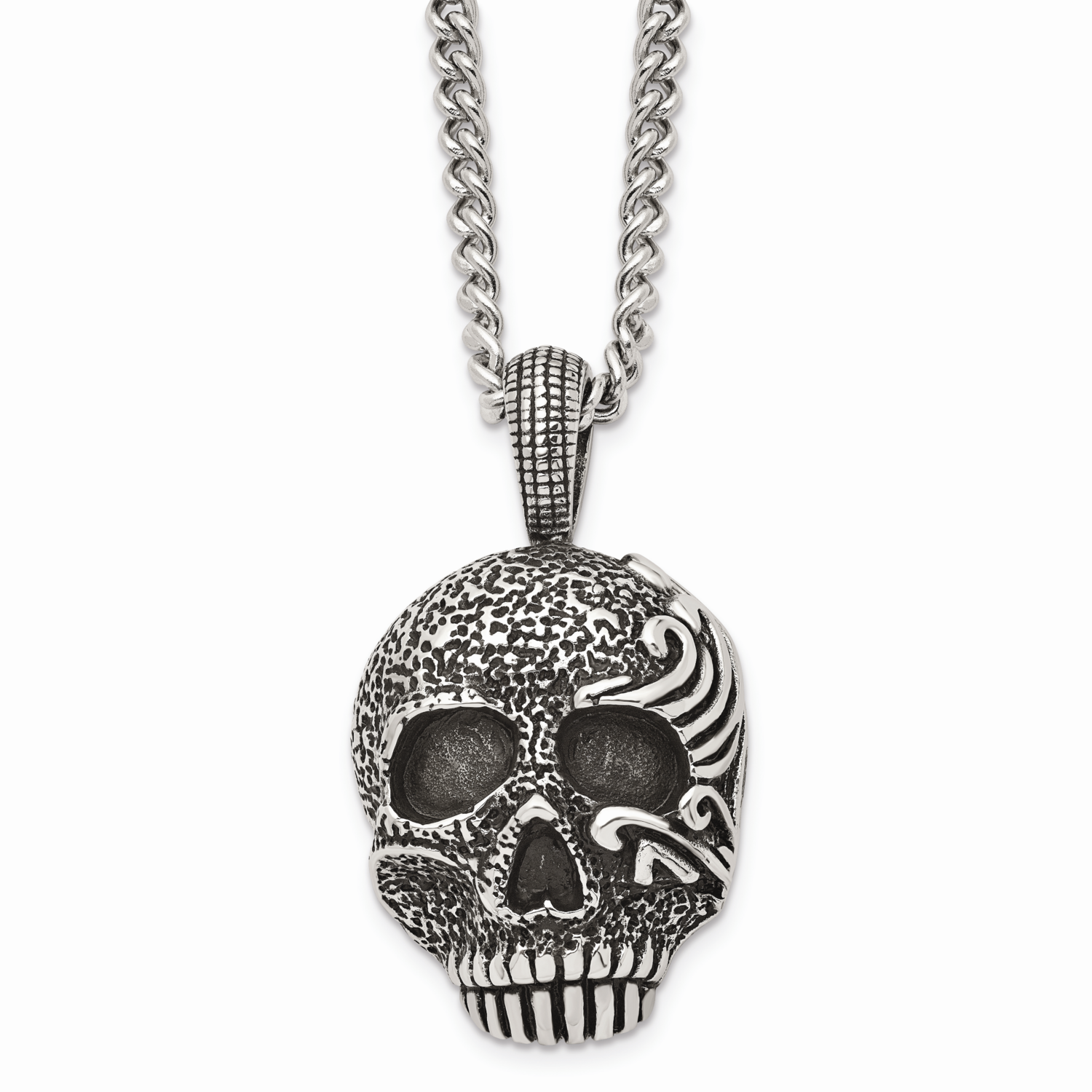 Textured Skull 24 Inch Necklace Stainless Steel Antiqued SRN1042-24 by Chisel, MPN: SRN1042-24, 886…