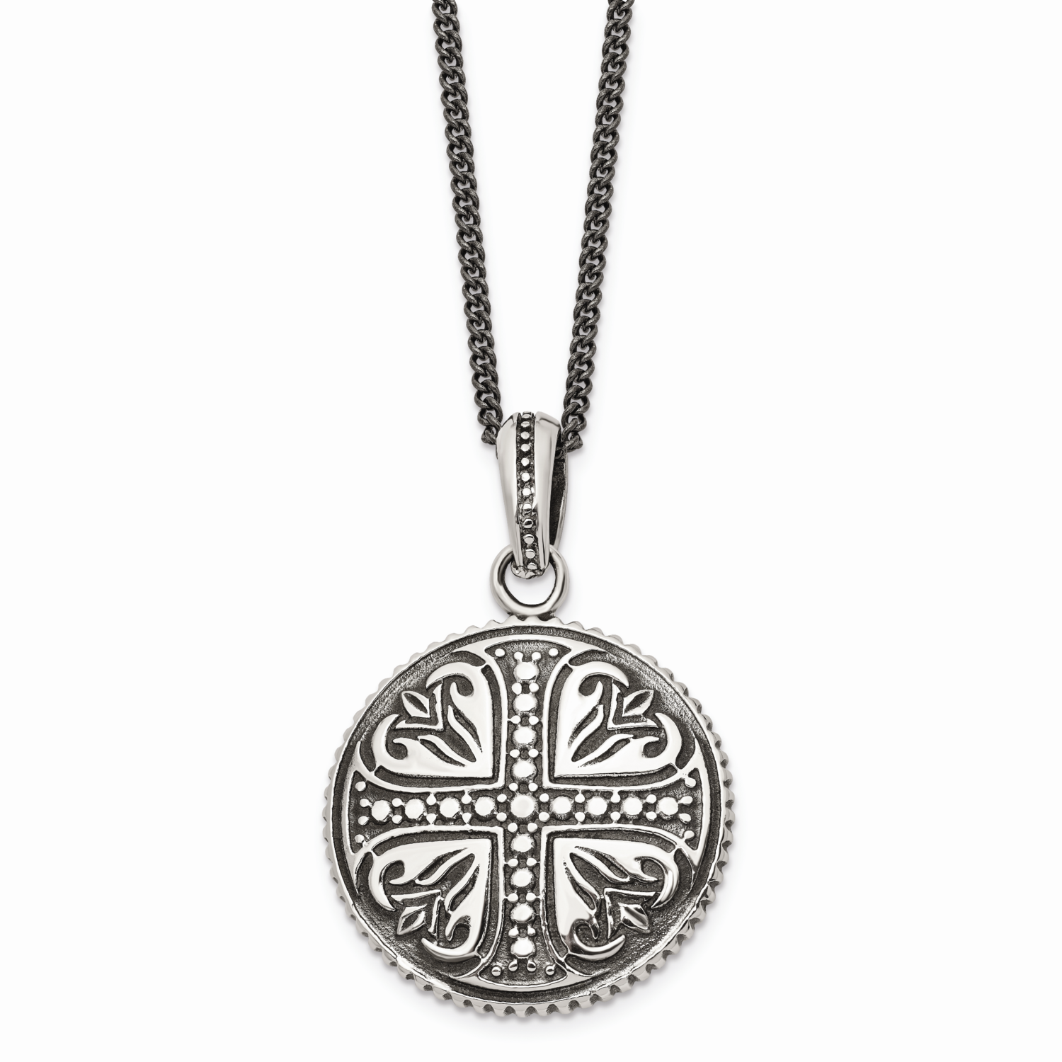 Antiqued Cross Circle 22 Inch Necklace Stainless Steel Polished SRN1057-22