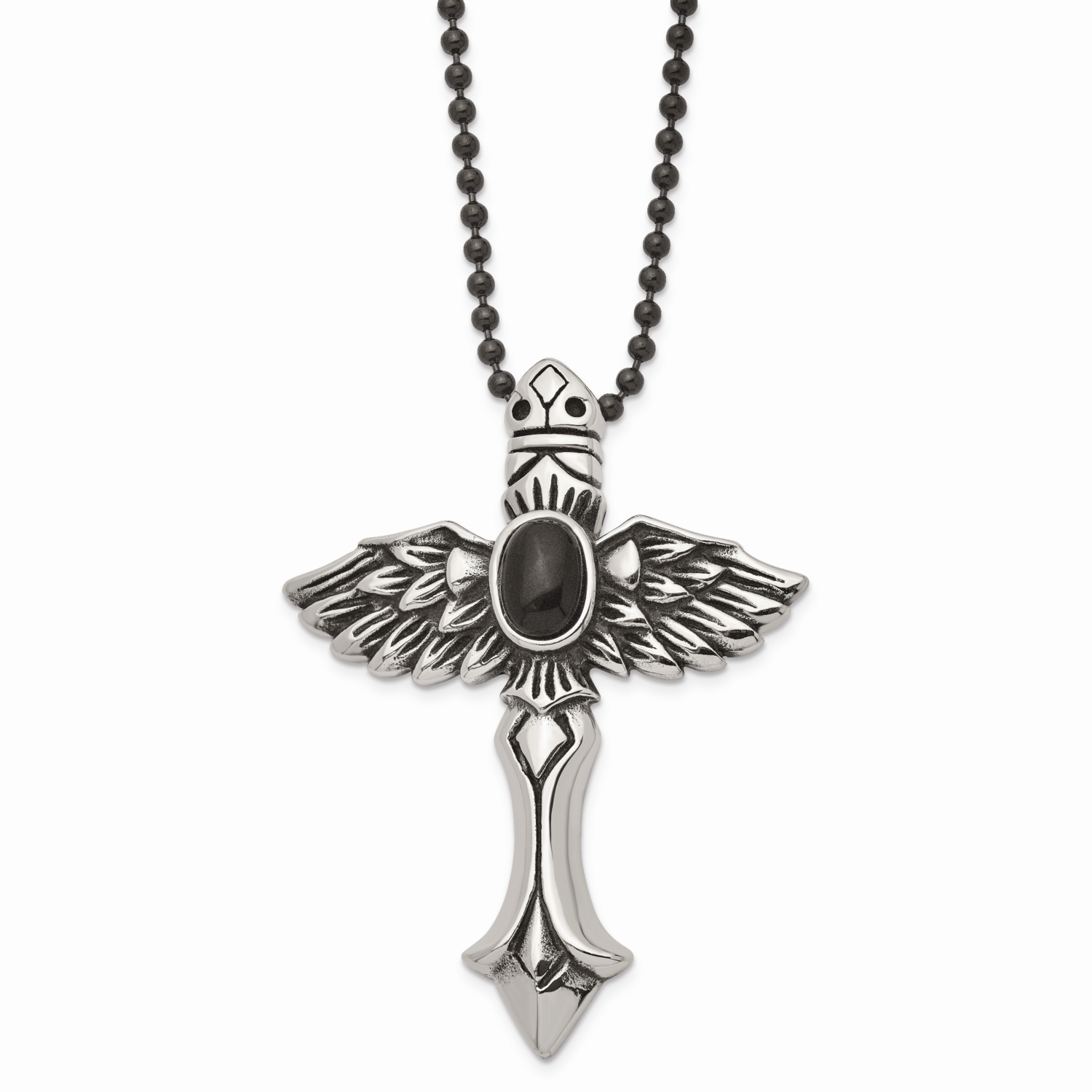 Cross Wings &amp; Black Stone 24 Inch Necklace Stainless Steel Antiqued SRN1058-24 by Chisel, MPN: SRN1…