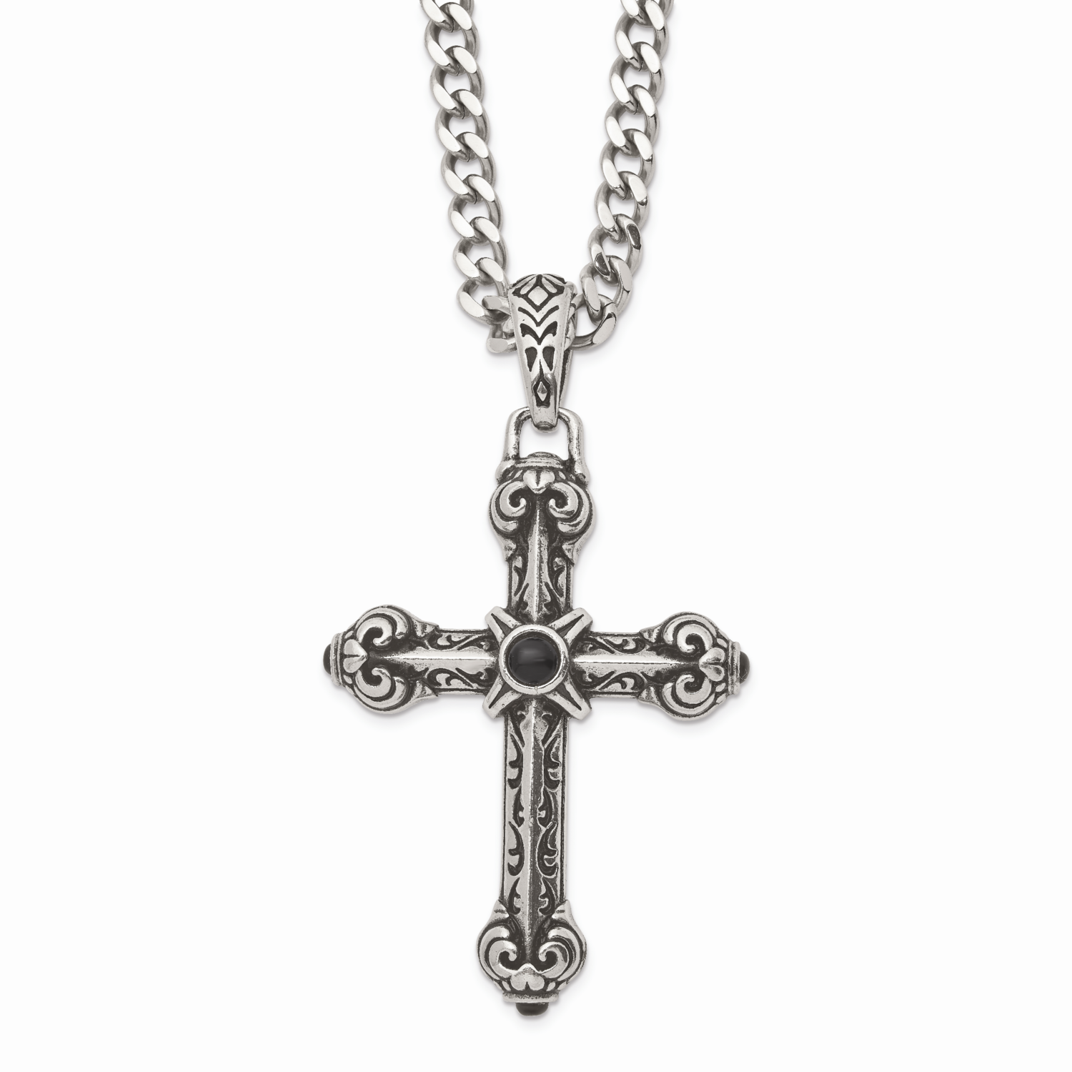 Cross Synthetic Black Agate 24 Inch Necklace Stainless Steel Antiqued SRN1059-24 by Chisel, MPN: SR…