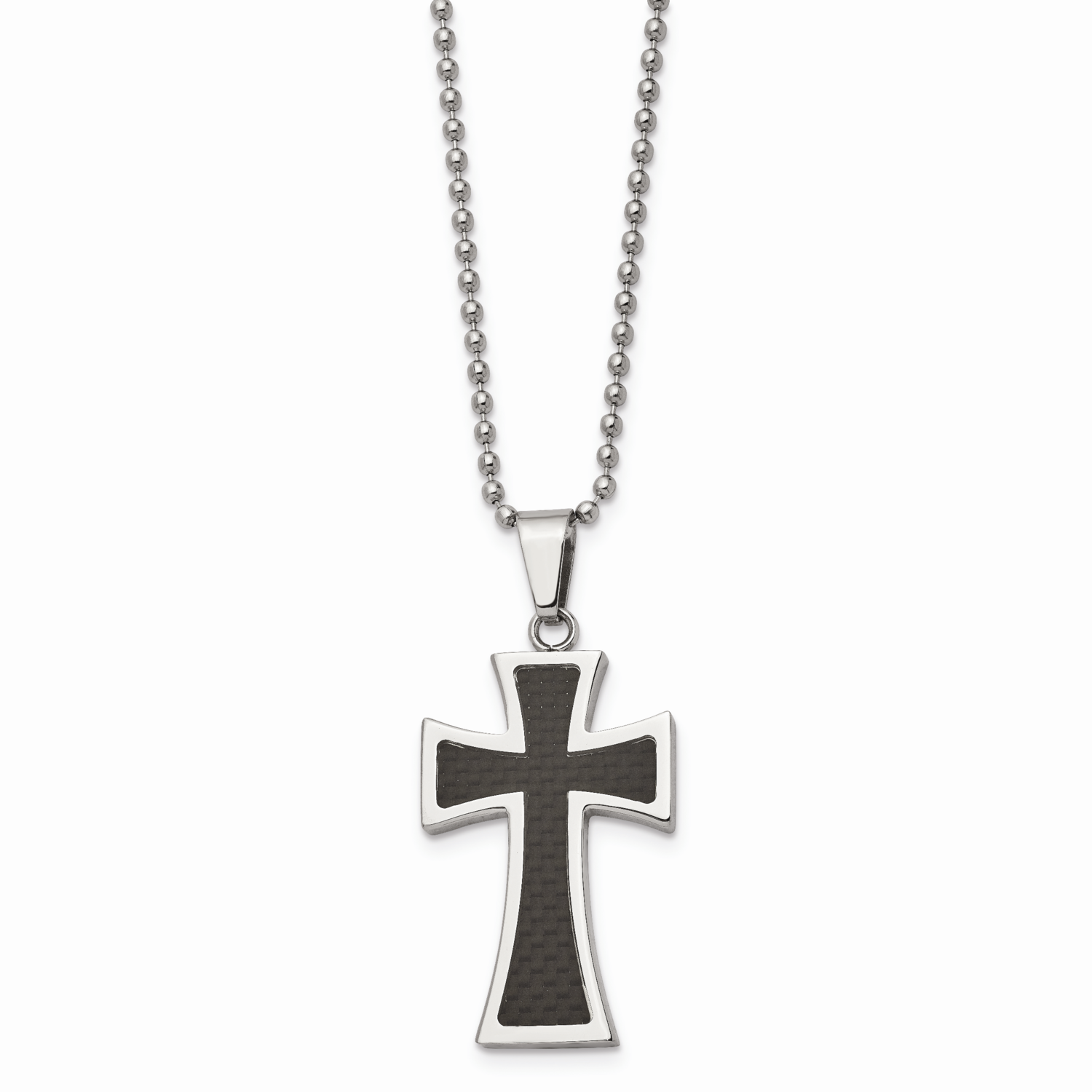 Carbon Fiber Inlay 22 Inch Cross Necklace Stainless Steel Polished SRN110-22