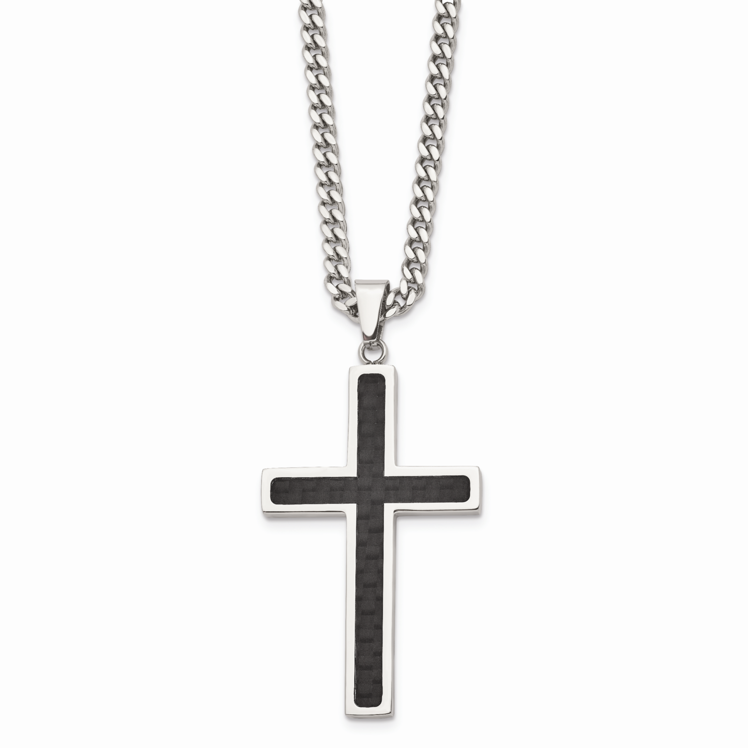 Black Carbon Fiber Cross 24 Inch Necklace Stainless Steel Polished SRN118-24 by Chisel, MPN: SRN118…