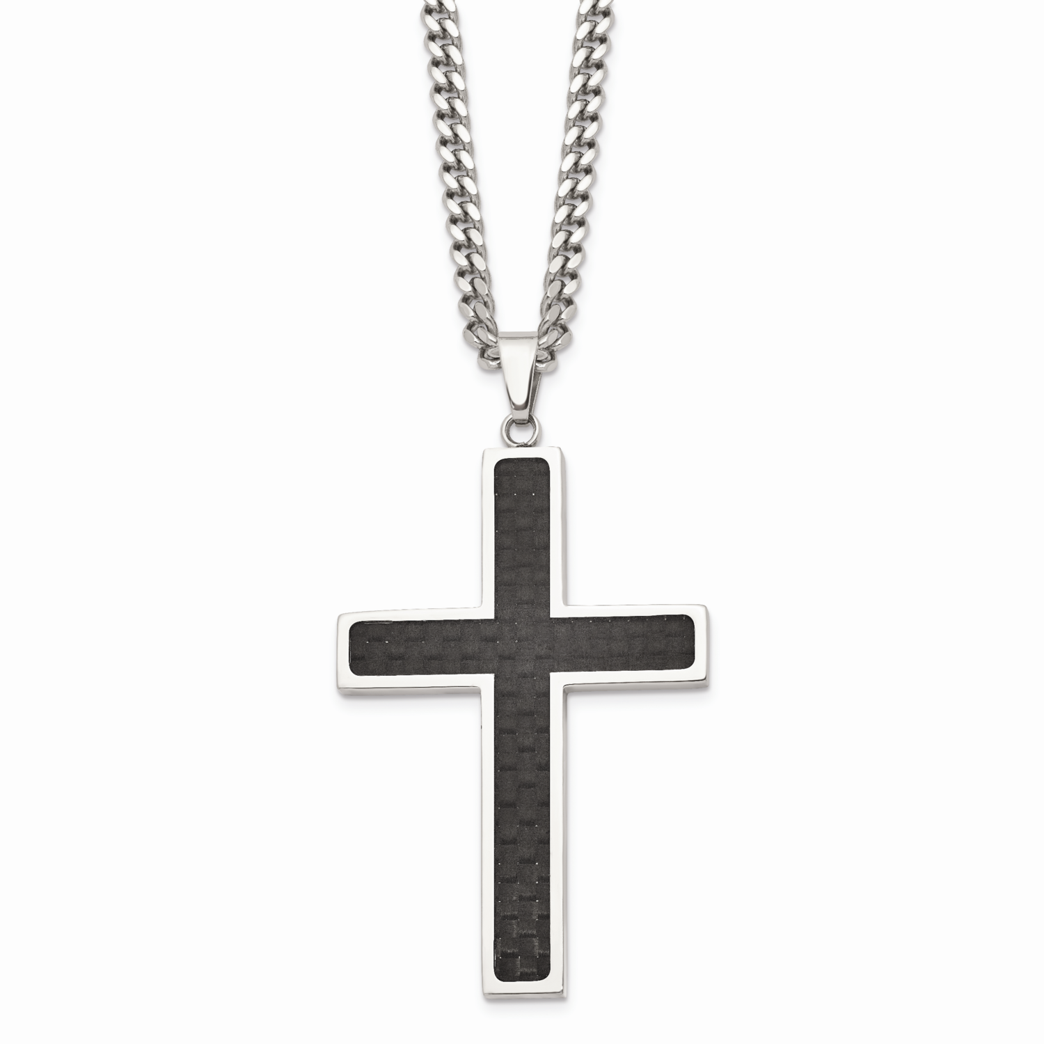 Black Carbon Fiber Cross 24 Inch Necklace Stainless Steel Polished SRN120-24 by Chisel, MPN: SRN120…