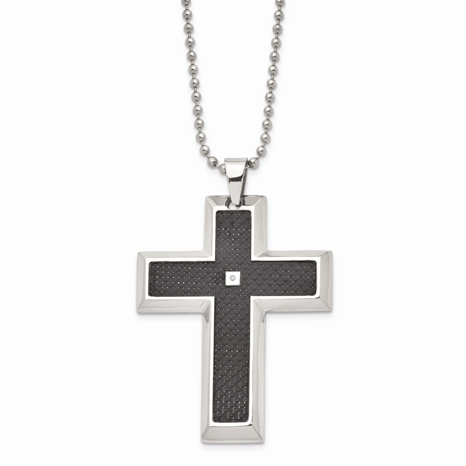 Blk Carbon Fiber Inlay .01ct. Diamond Accent Cross Necklace Stainless Steel SRN122-24 by Chisel, MP…