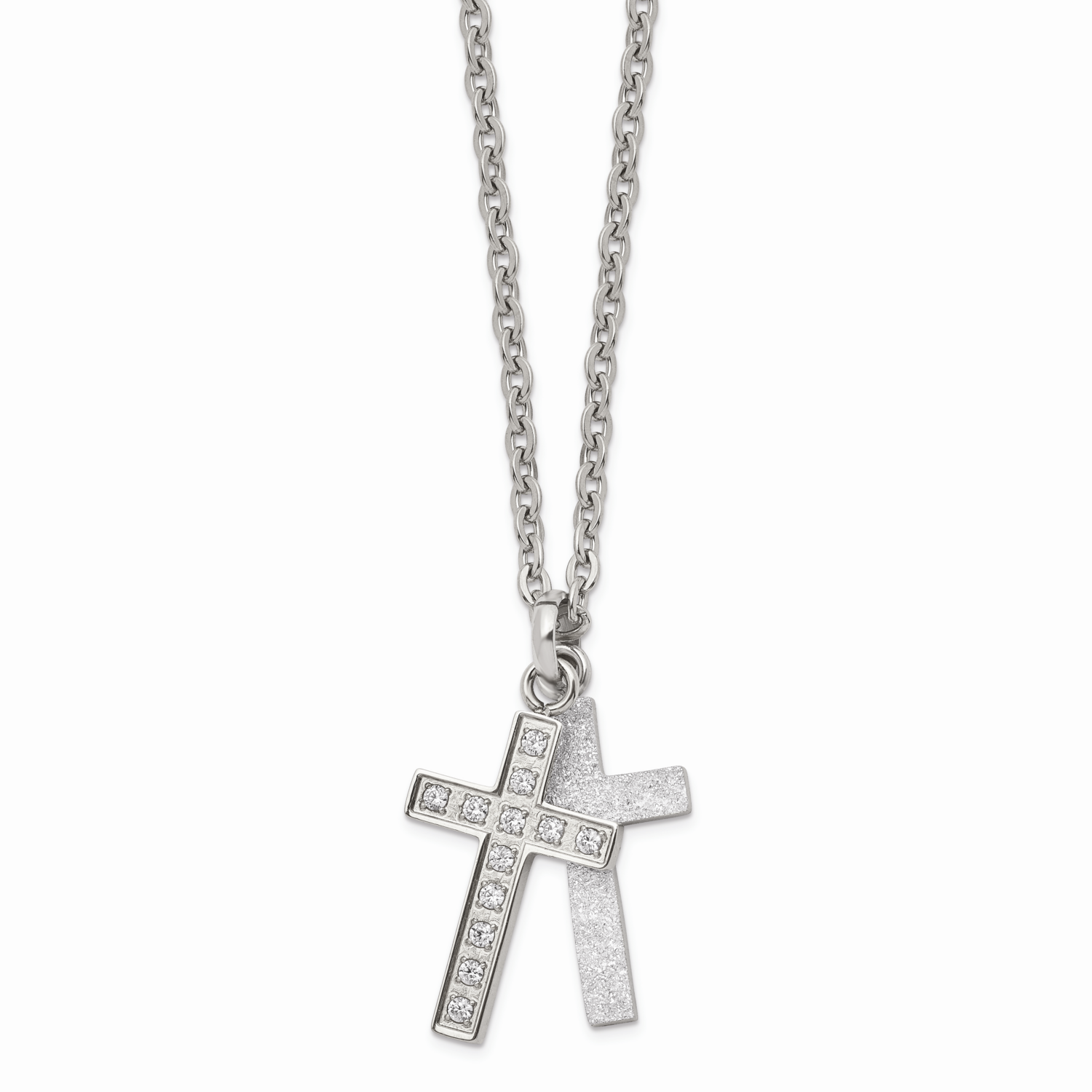 Laser cut CZ Stone Stone Two Piece Cross Pendant Necklace Stainless Steel SRN1272-20 by Chisel, MPN…