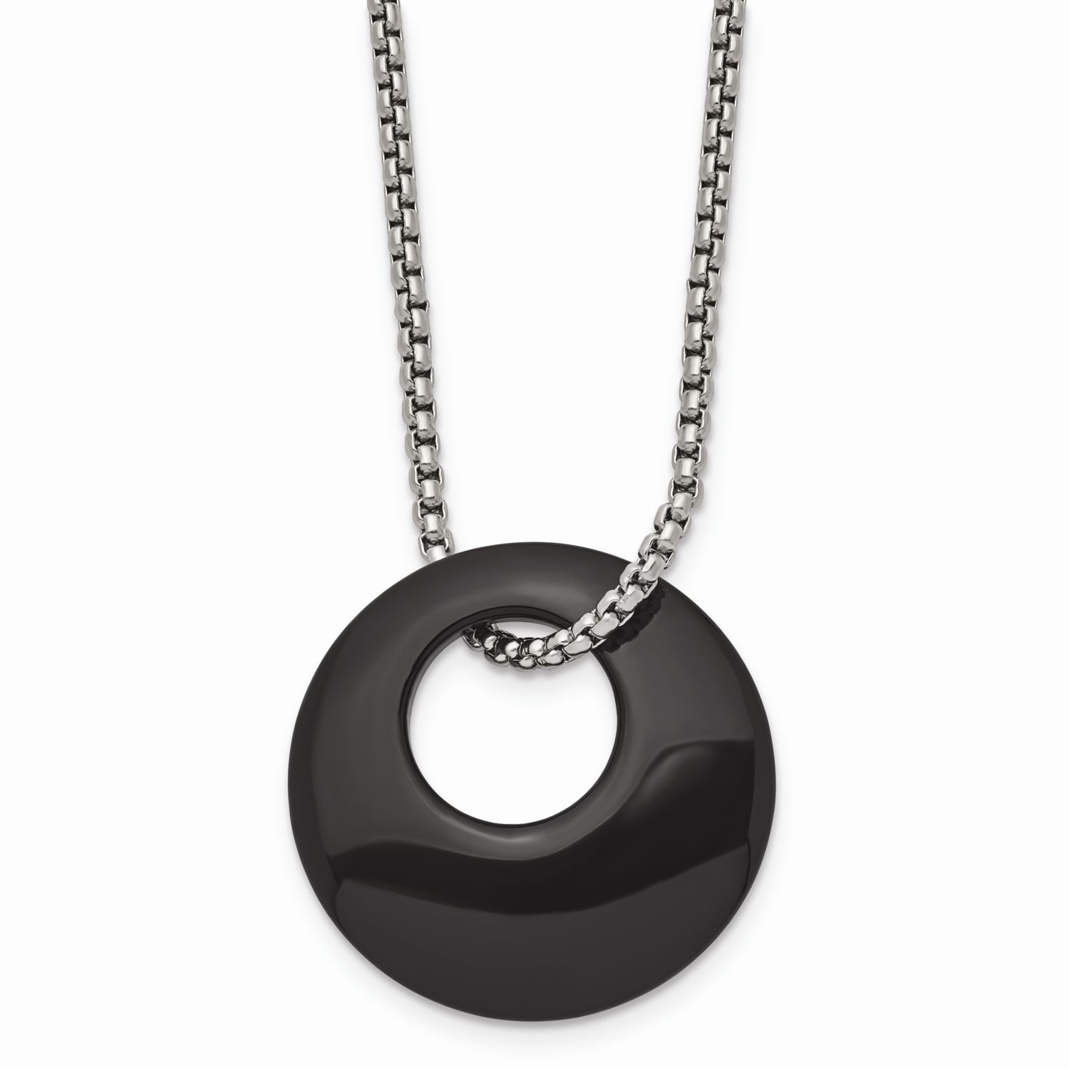 Black Onyx Large Circular Polished Necklace Stainless Steel SRN1287-18