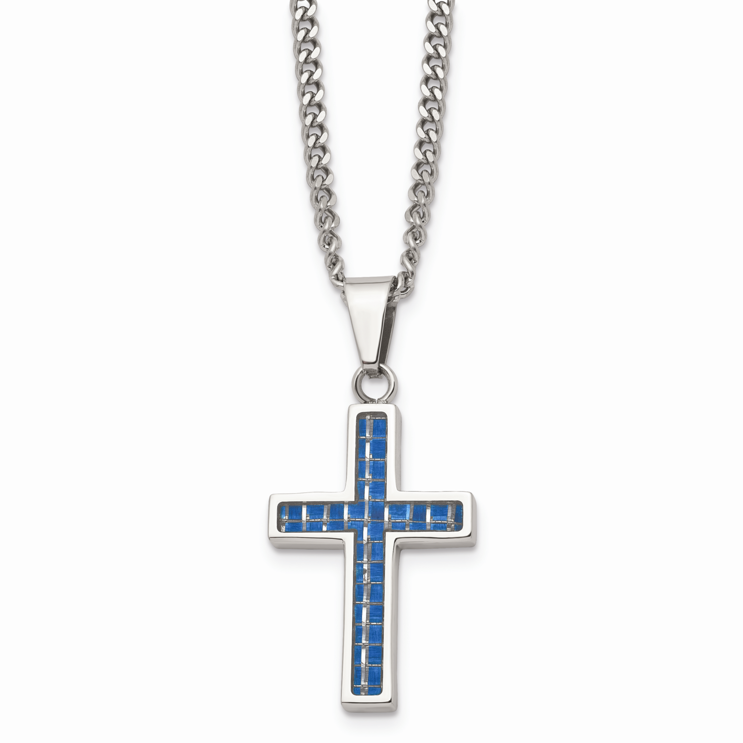Blue Carbon Fiber Inlay Polished Small Cross Necklace Stainless Steel SRN1301-20