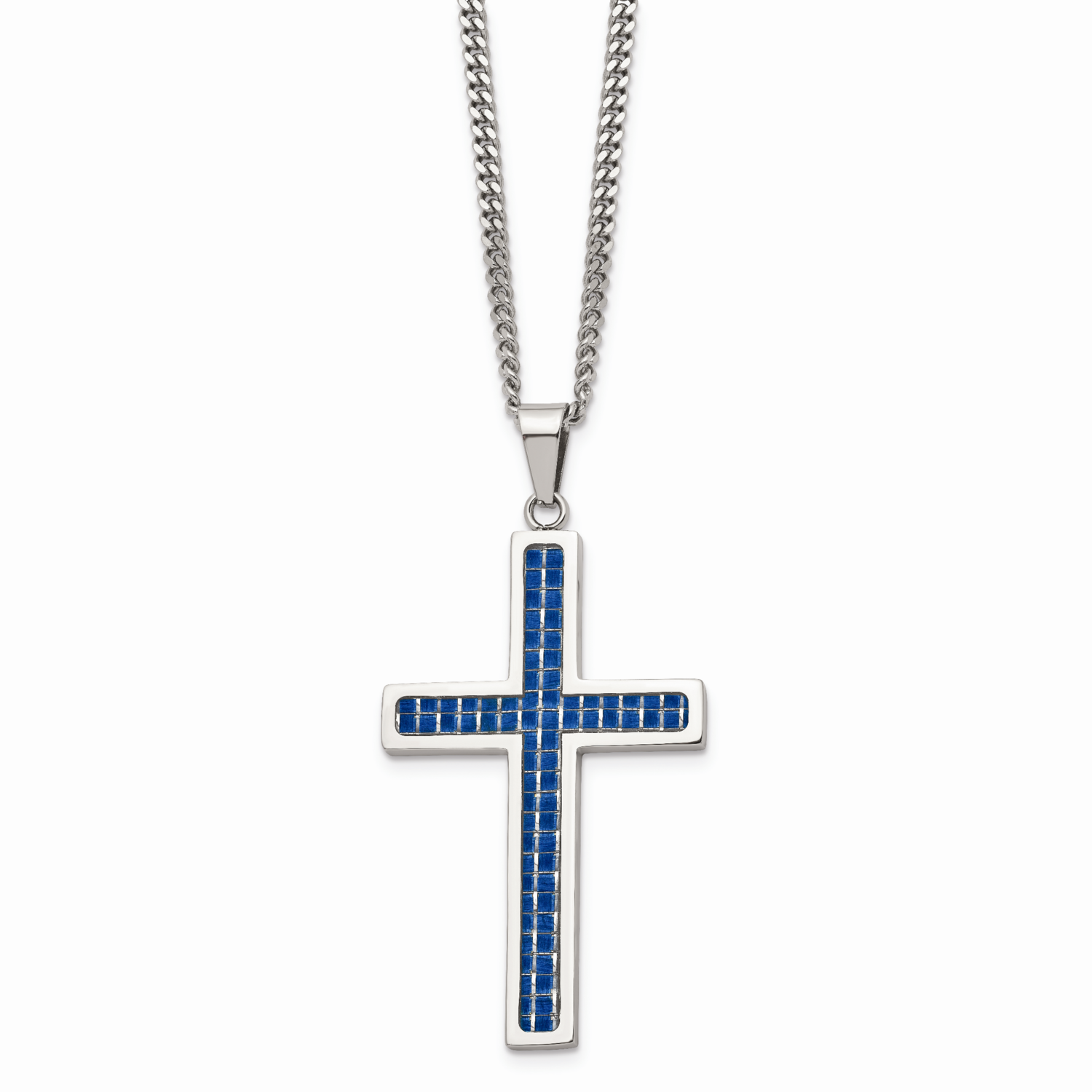 Blue Carbon Fiber Inlay Polished Large Cross Necklace Stainless Steel SRN1302-22
