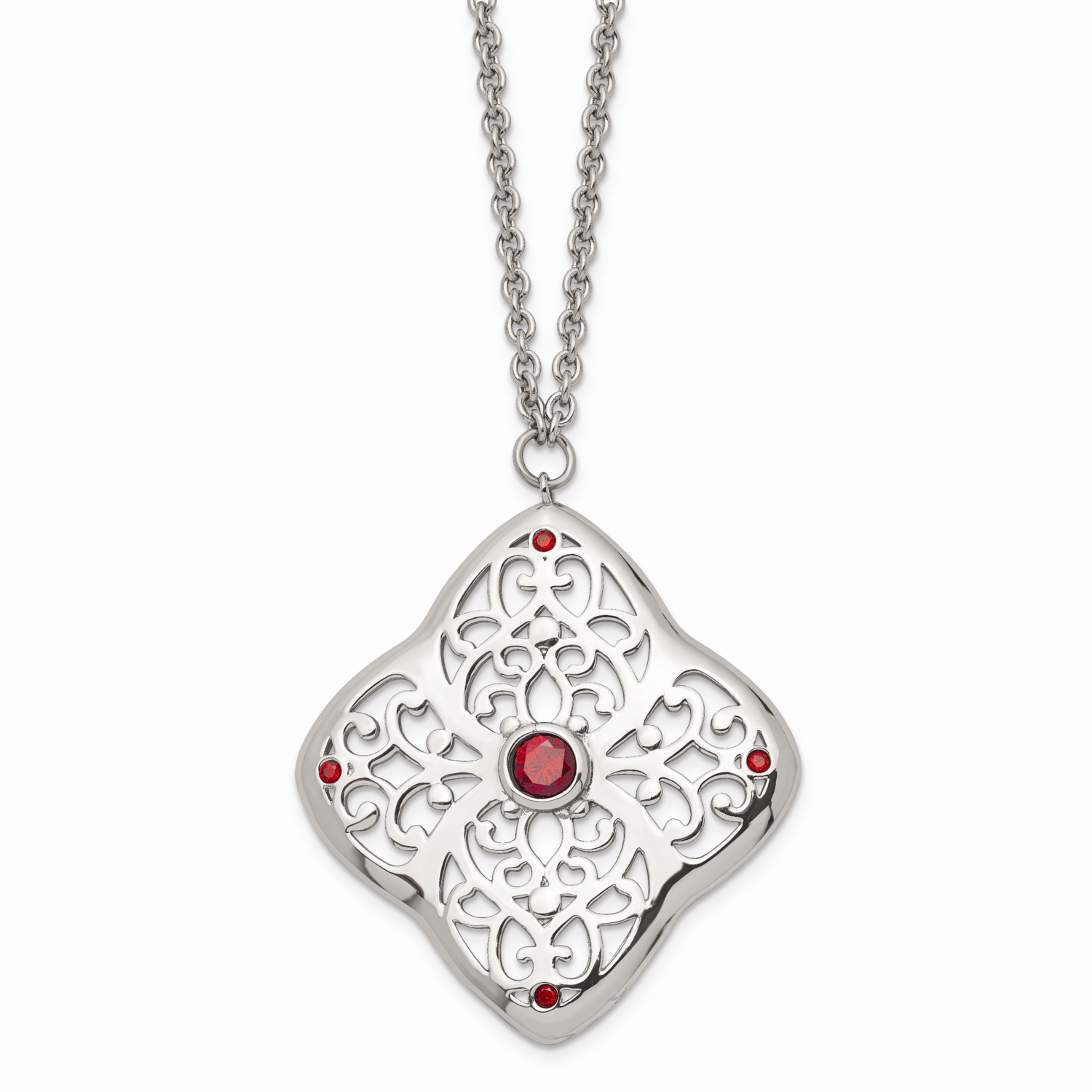 Red CZ Stone Stone Square with 2 Inch Extension Necklace Stainless Steel SRN1311-30 by Chisel, MPN:…
