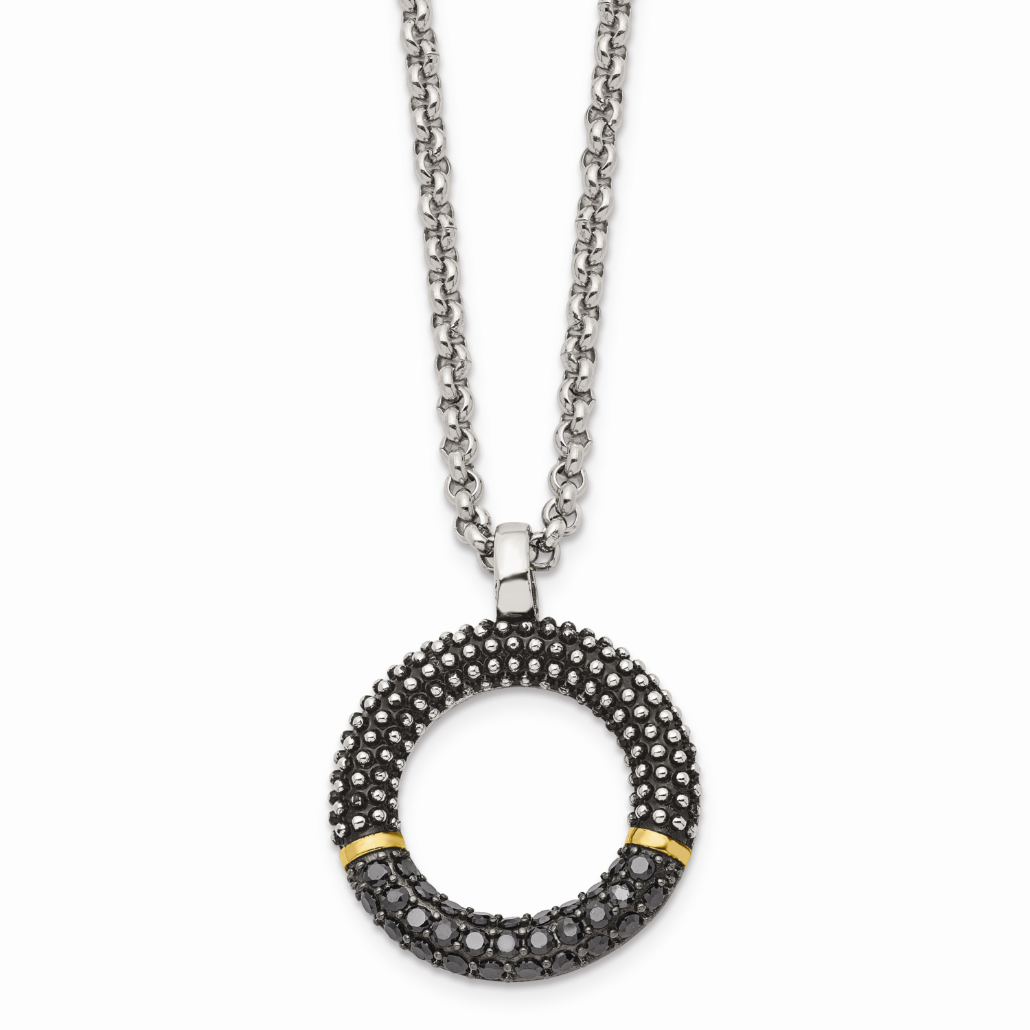 Black CZ Stone Stone with Yellow IP-plated Antiqued Circle Necklace Stainless Steel SRN1339-18 by C…