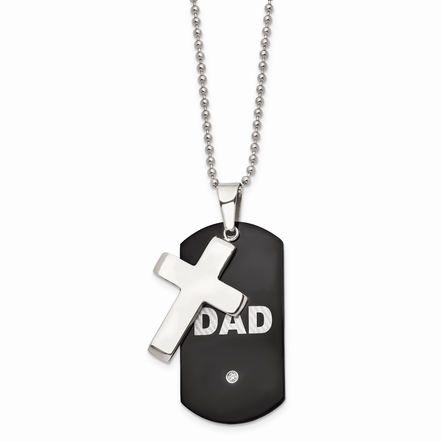 Black IP-plated Dog Tag with CZ Stone Stone Cross Necklace Stainless Steel SRN1344-22 by Chisel, MP…