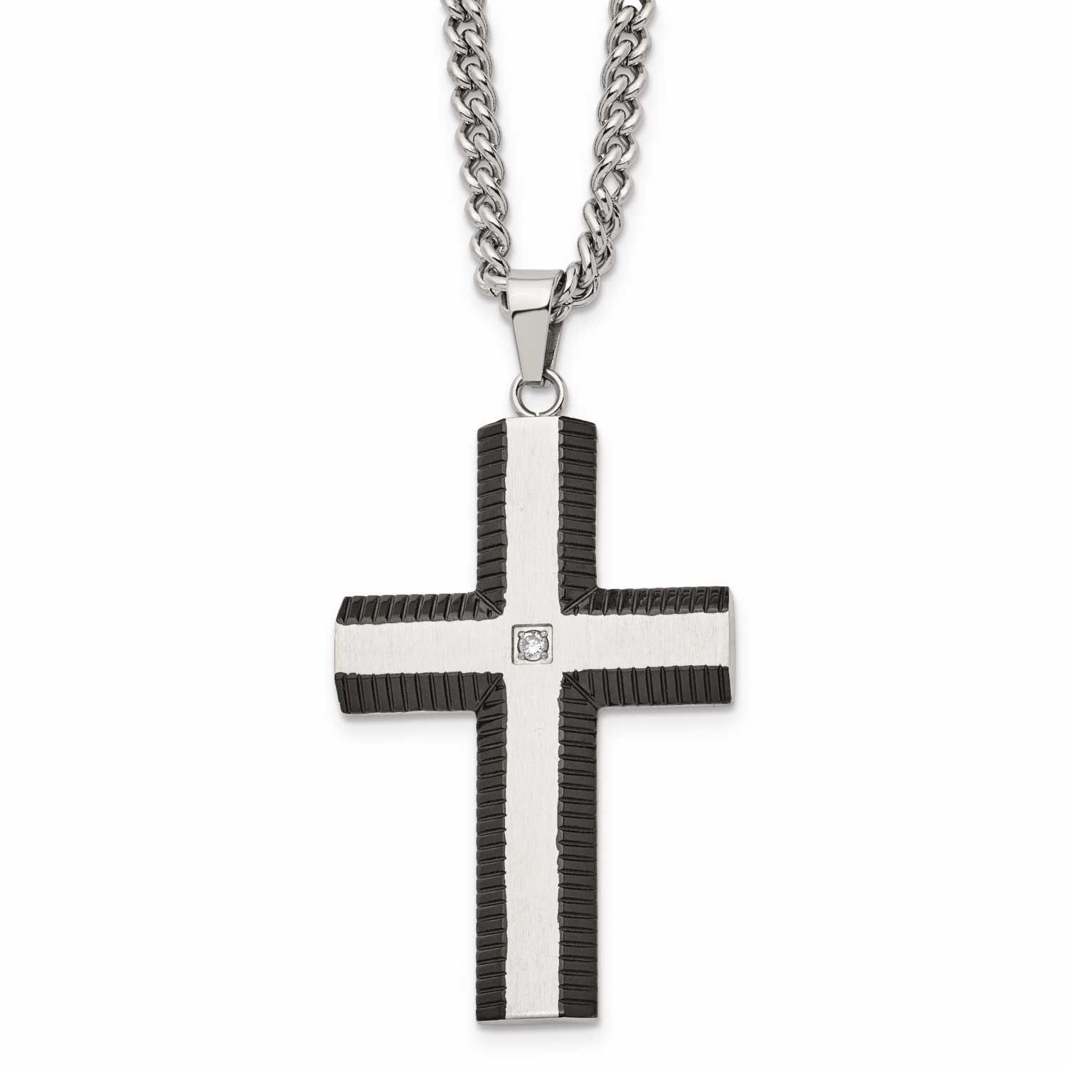 Black IP-plated Cross with CZ Stone Stone Neckla Stainless Steel Brushed and Polished SRN1347-22 by…