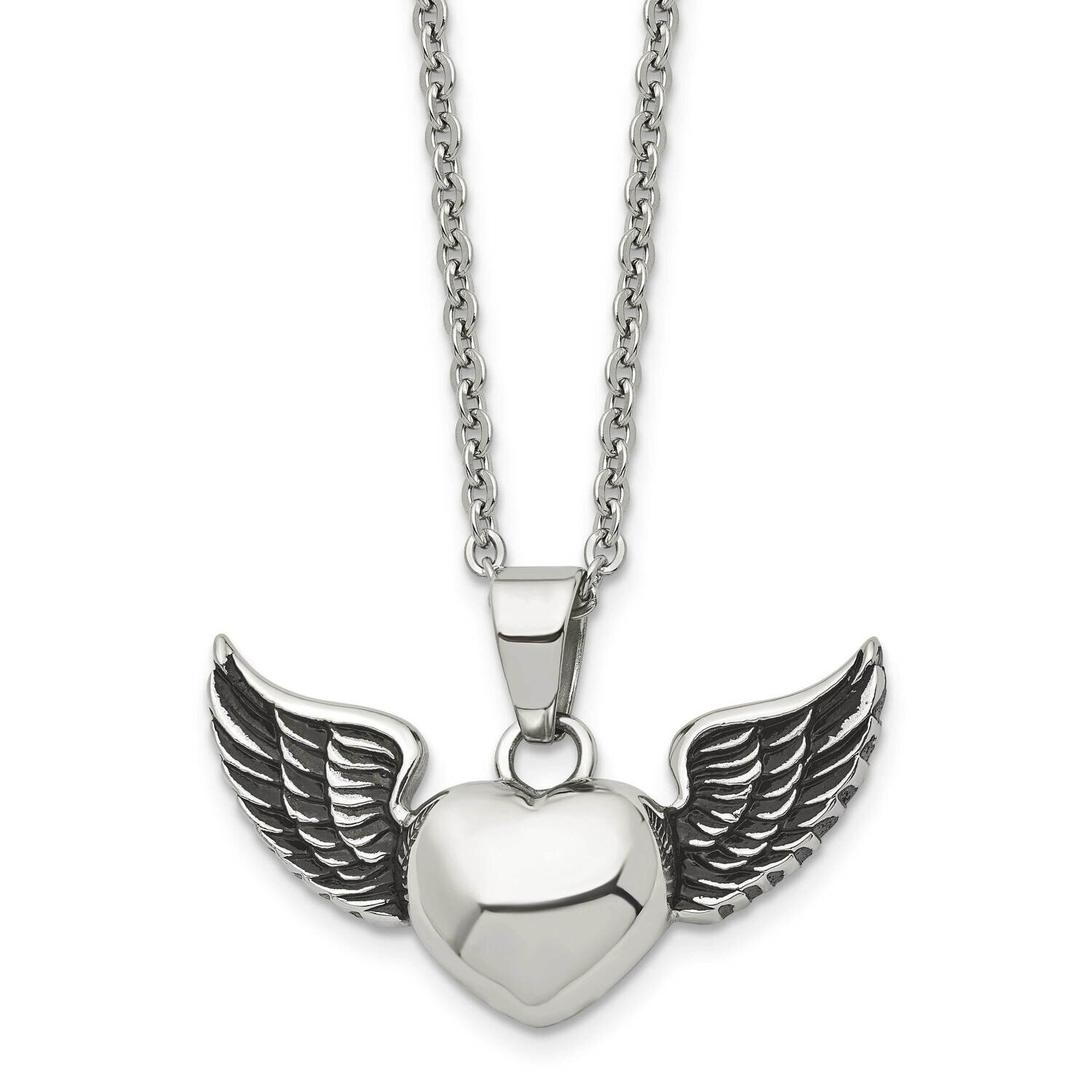 Polished Heart with Wings Necklace Stainless Steel Antiqued SRN1353-18