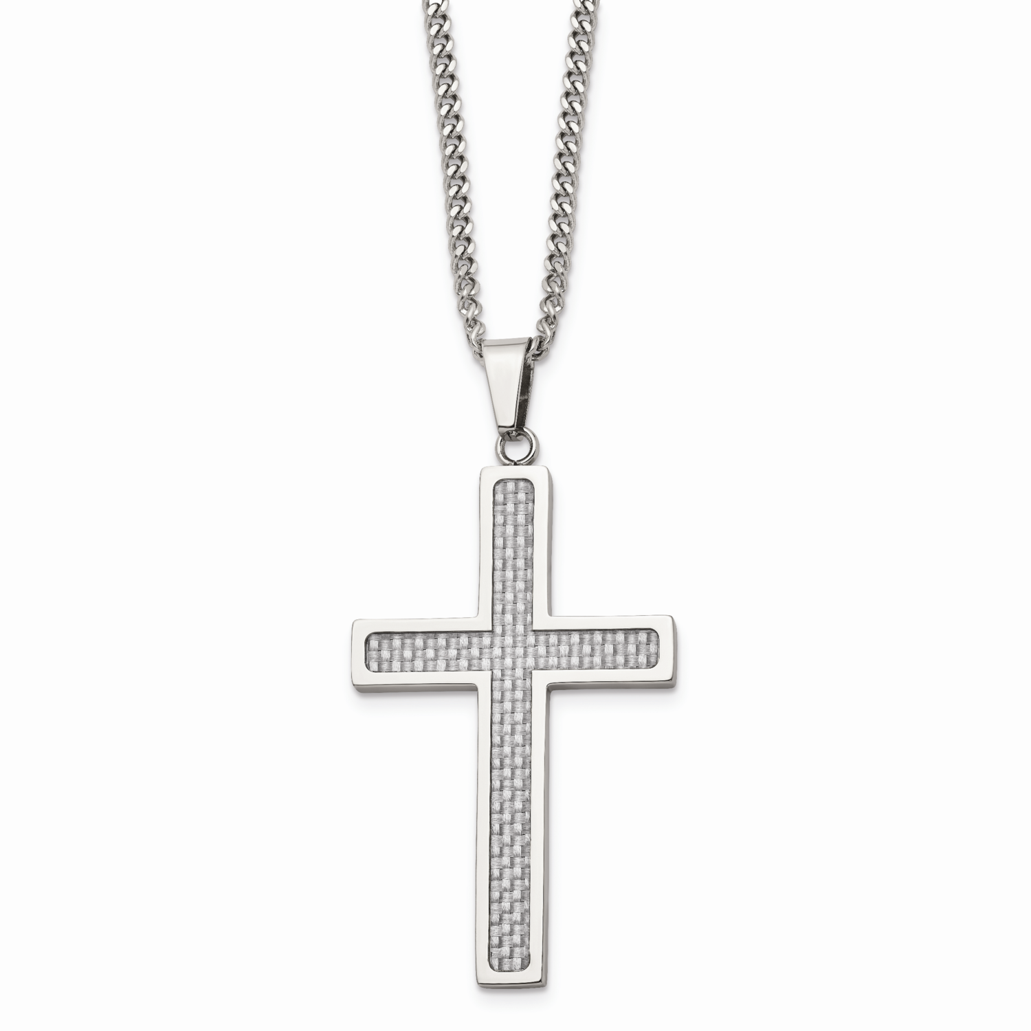 Grey Carbon Fiber Inlay Large Cross 20 Inch Necklace Stainless Steel Polished SRN1410-20