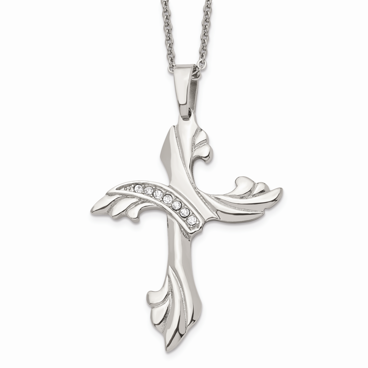 CZ Stone Cross Necklace Stainless Steel Polished SRN1425-20 by Chisel, MPN: SRN1425-20, 886774263359