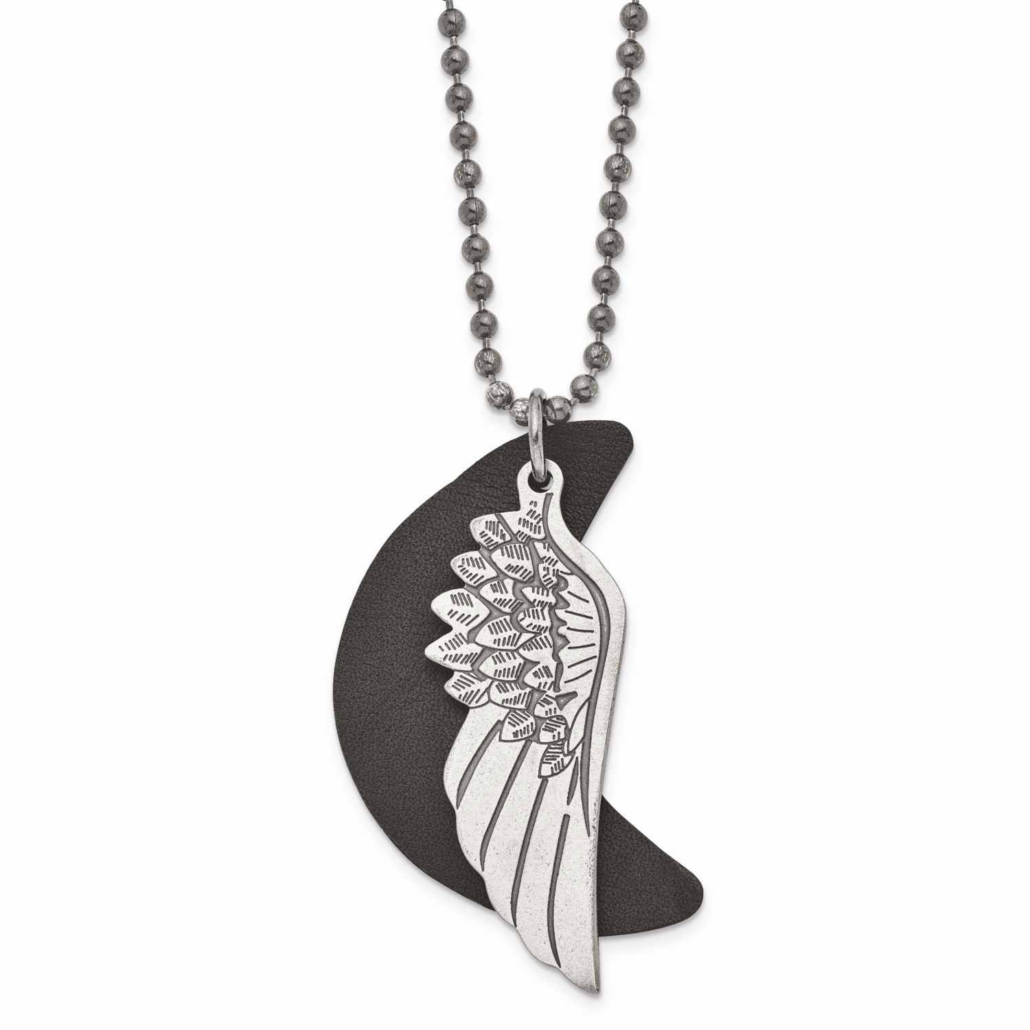 Wing with Leather Moon Necklace Stainless Steel Brushed SRN1445-26.5