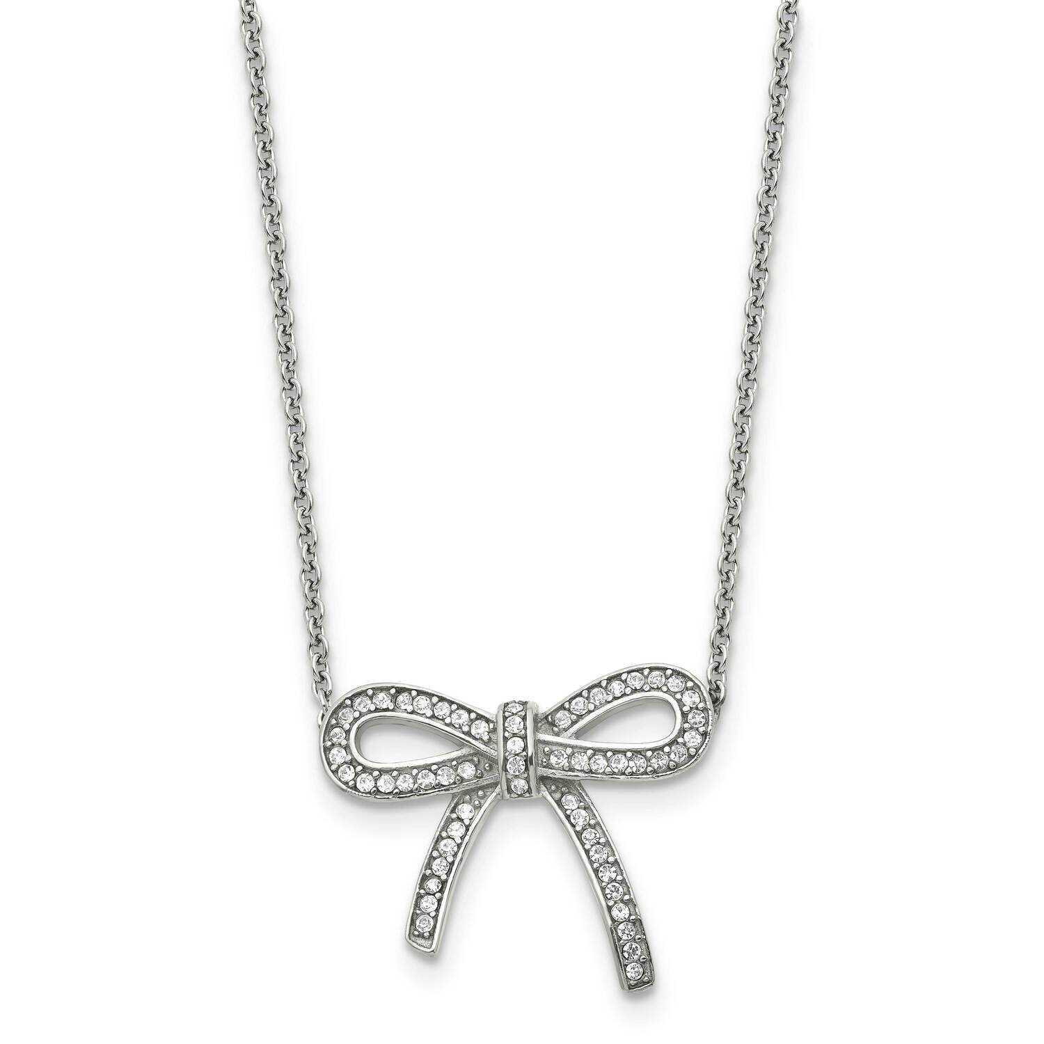 Crystal Polished Bow with 1.75 Inch Extension Necklace Stainless Steel SRN1448-16.25