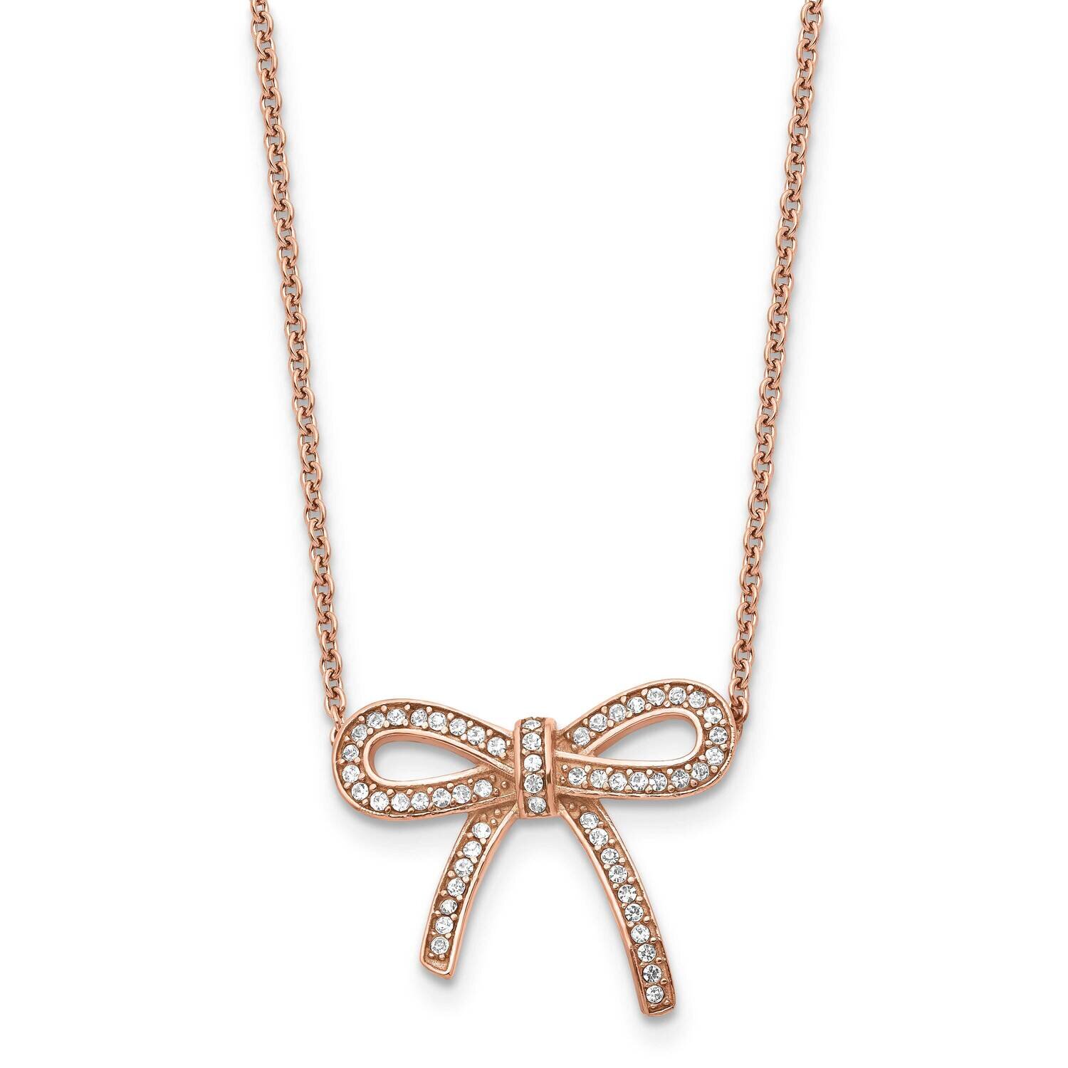 Crystal Polished Pink IP plated Bow with 1.75 Inch Extension Neckl Stainless Steel SRN1449-16.25