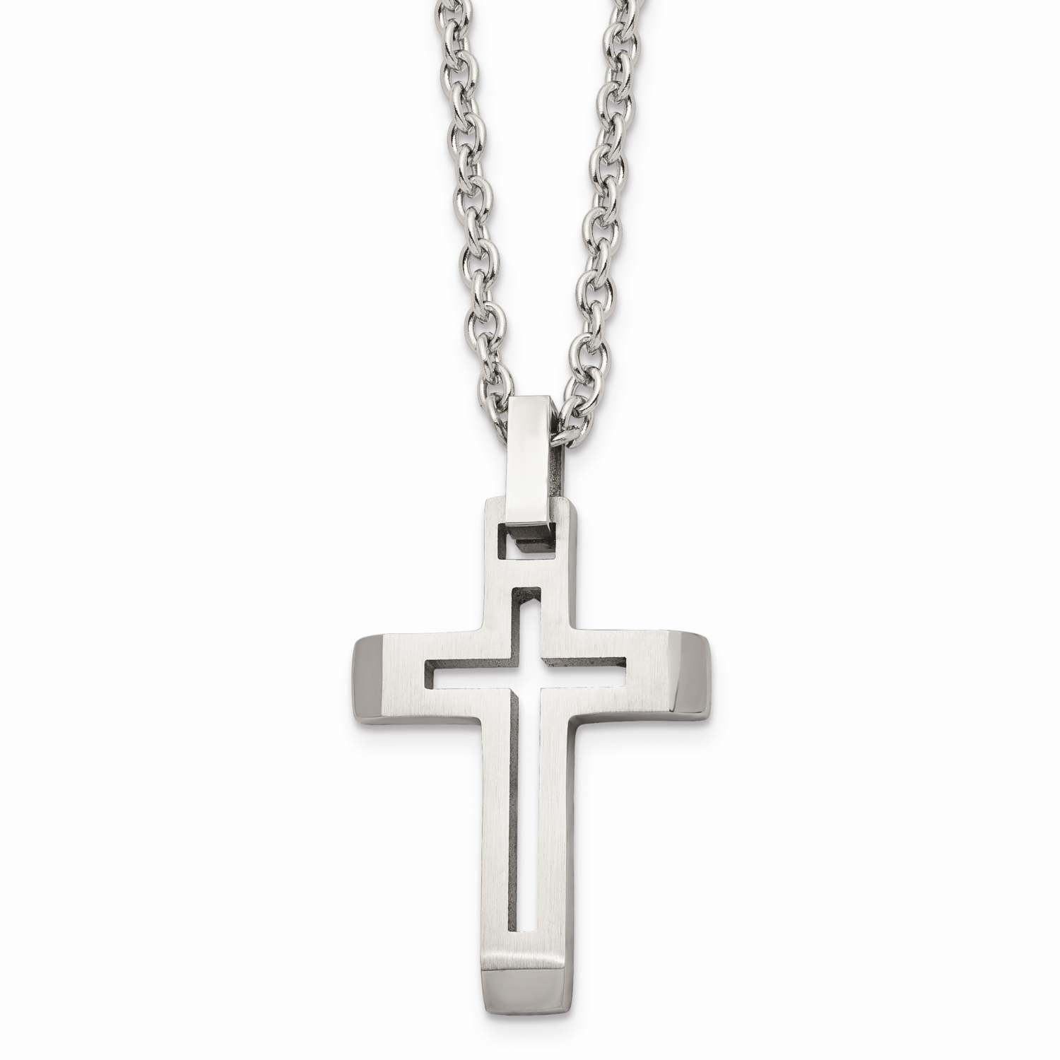 Brushed Cut-out Cross Necklace Stainless Steel Polished SRN1468-20