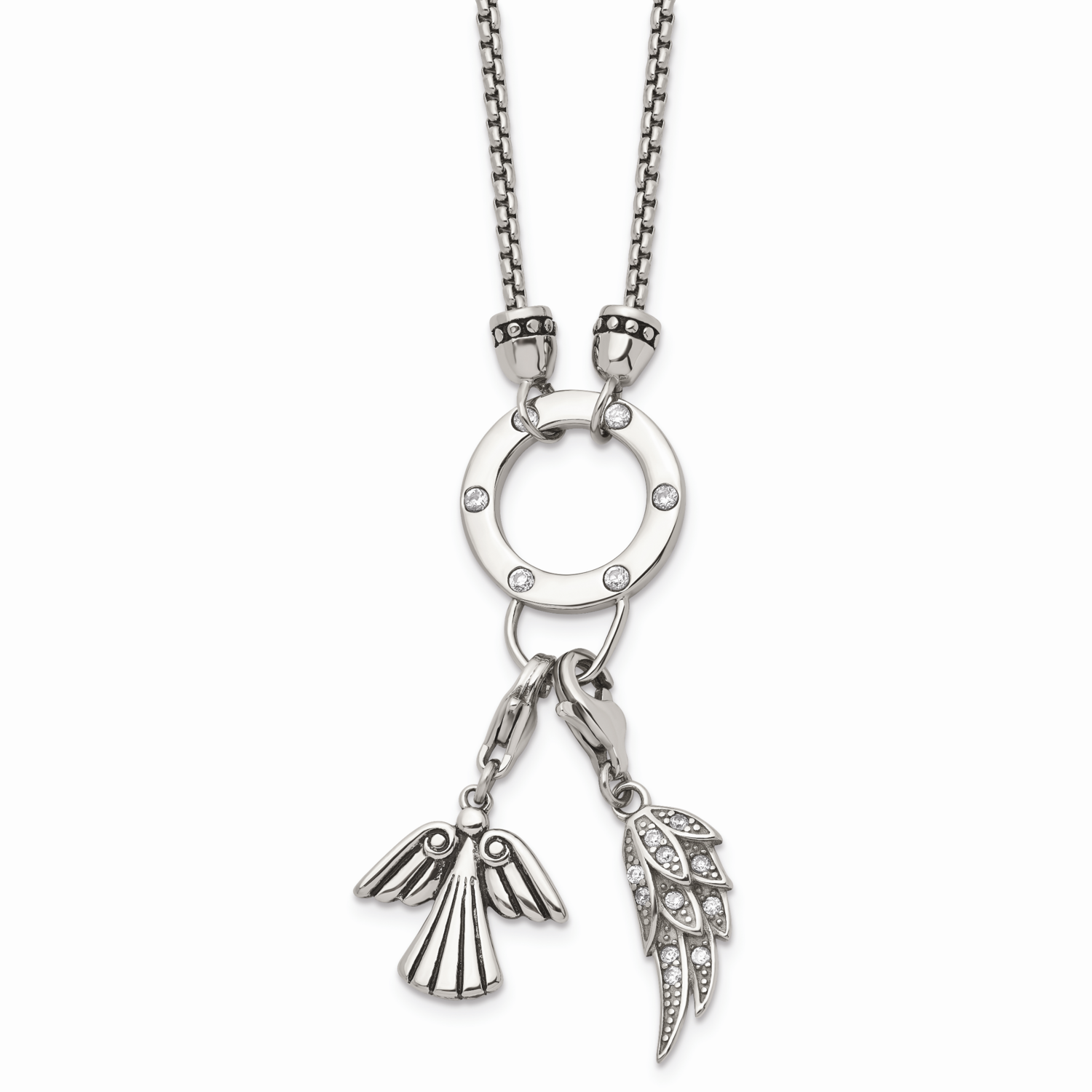 Feather &amp; Angel CZ Stone Stone Charms 2 Inch Extension Necklace Stainless Steel Polished SRN1517-17…