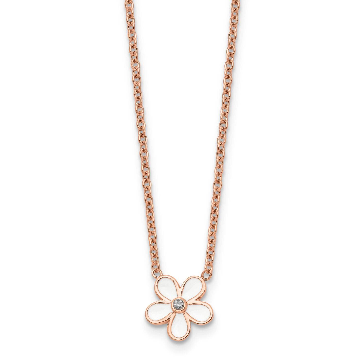 Pink IP-plated Enameled Flower CZ Stone Stone Necklace Stainless Steel Polished SRN1553-17.25