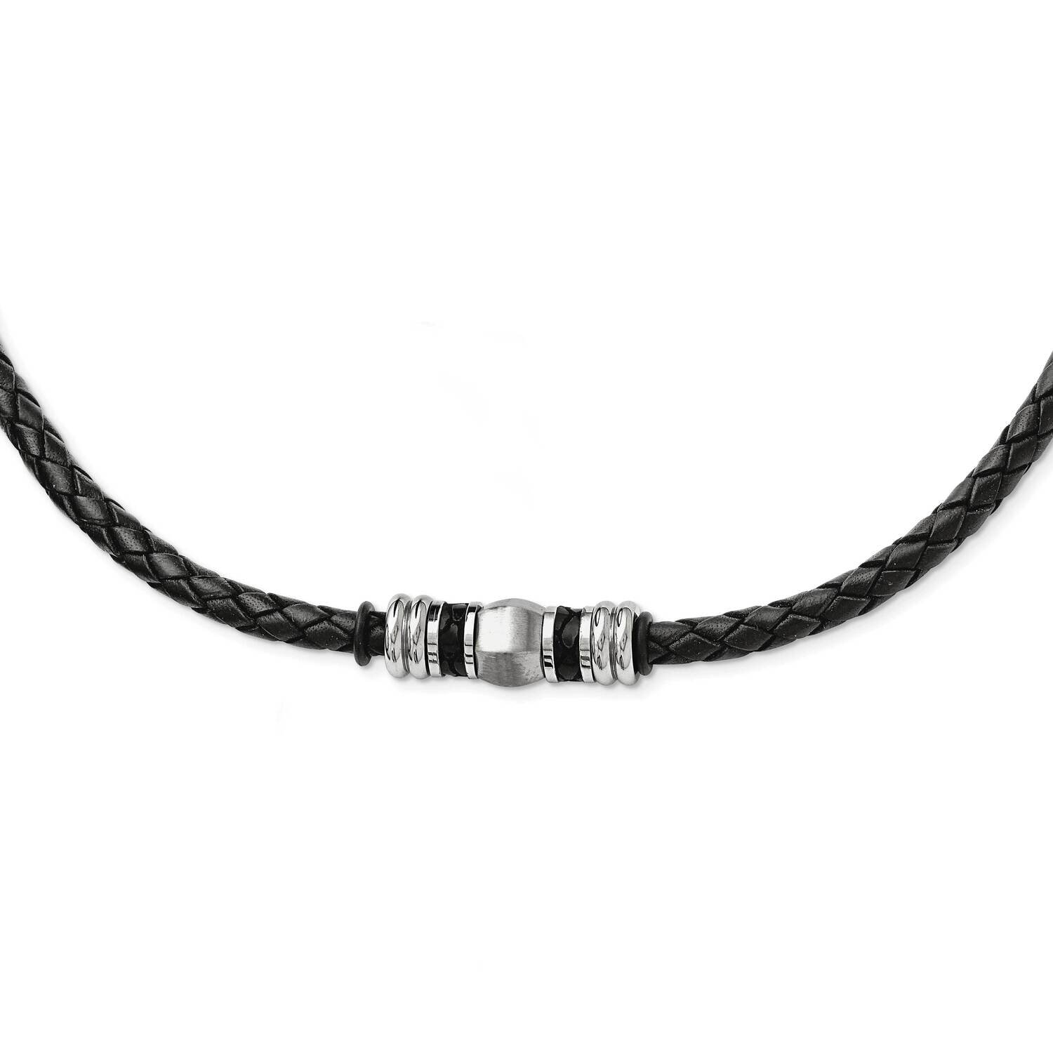 Brushed Black Leather & Rubber Necklace Stainless Steel Polished SRN1574-19