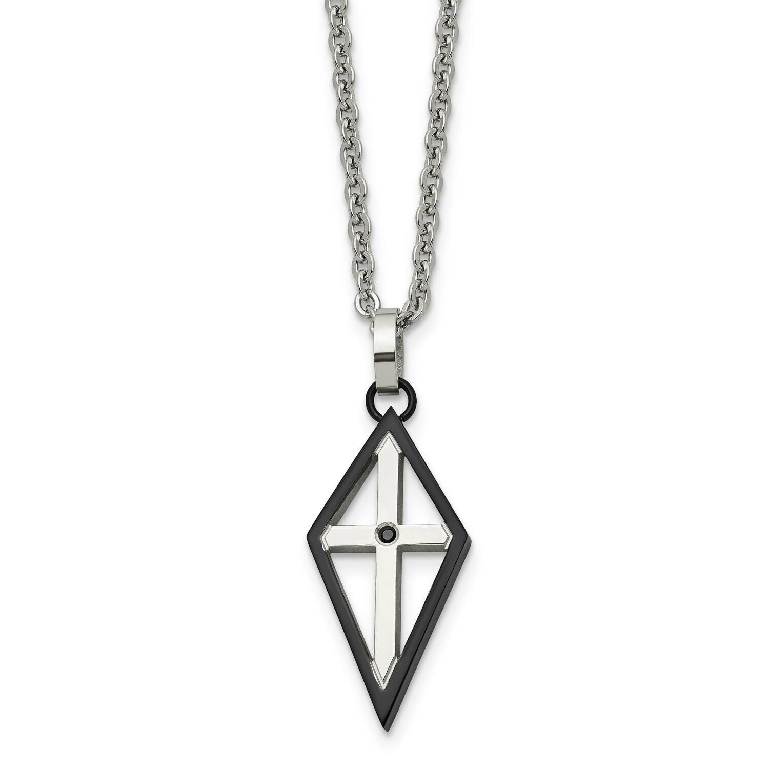 Black IP-plated Cross CZ Stone Stone Polished Necklace Stainless Steel SRN1602-20 by Chisel, MPN: S…
