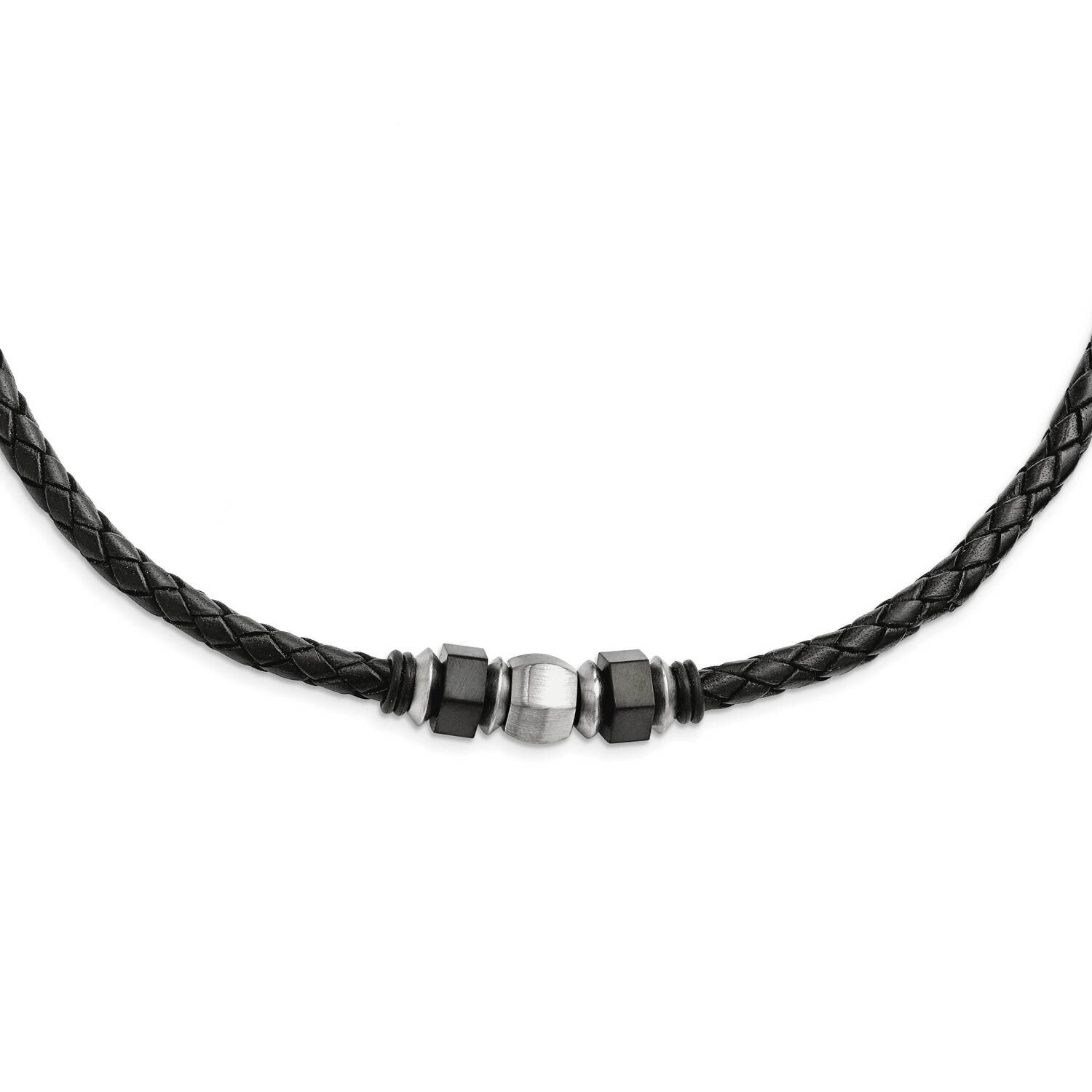 Leather Black IP-plated &amp; Rubber Necklace Stainless Steel Brushed SRN1620-19.25 by Chisel, MPN: SRN…