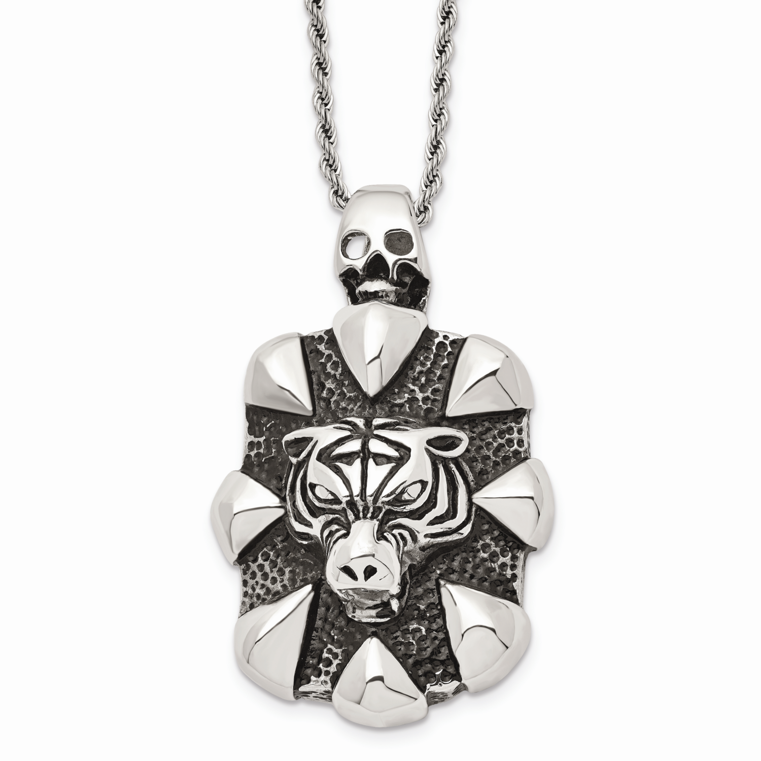 Skull and Tiger Necklace Stainless Steel Antiqued SRN1624-20 by Chisel, MPN: SRN1624-20, 1911013905…