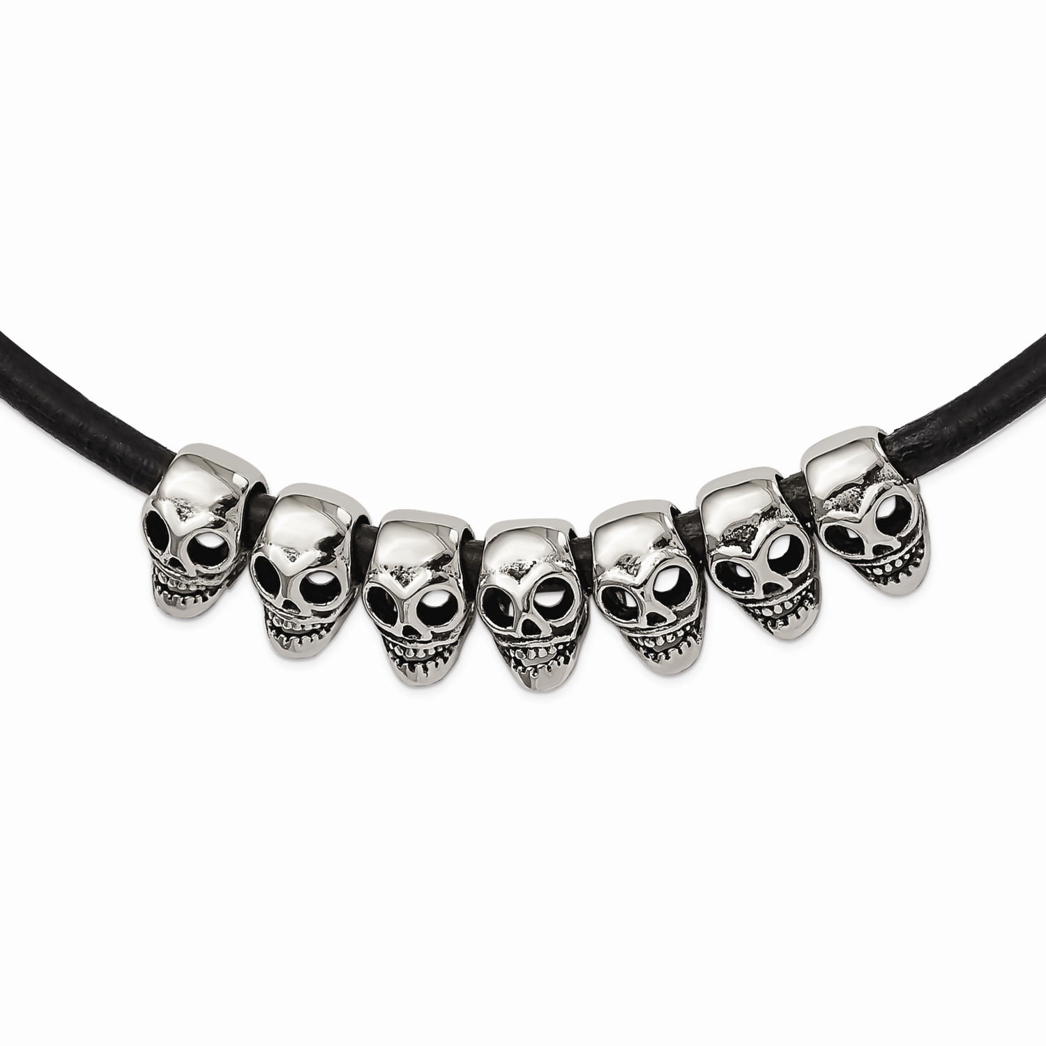 Antiqued Skulls Black Leather Cord Necklace Stainless Steel Polished SRN1689-18