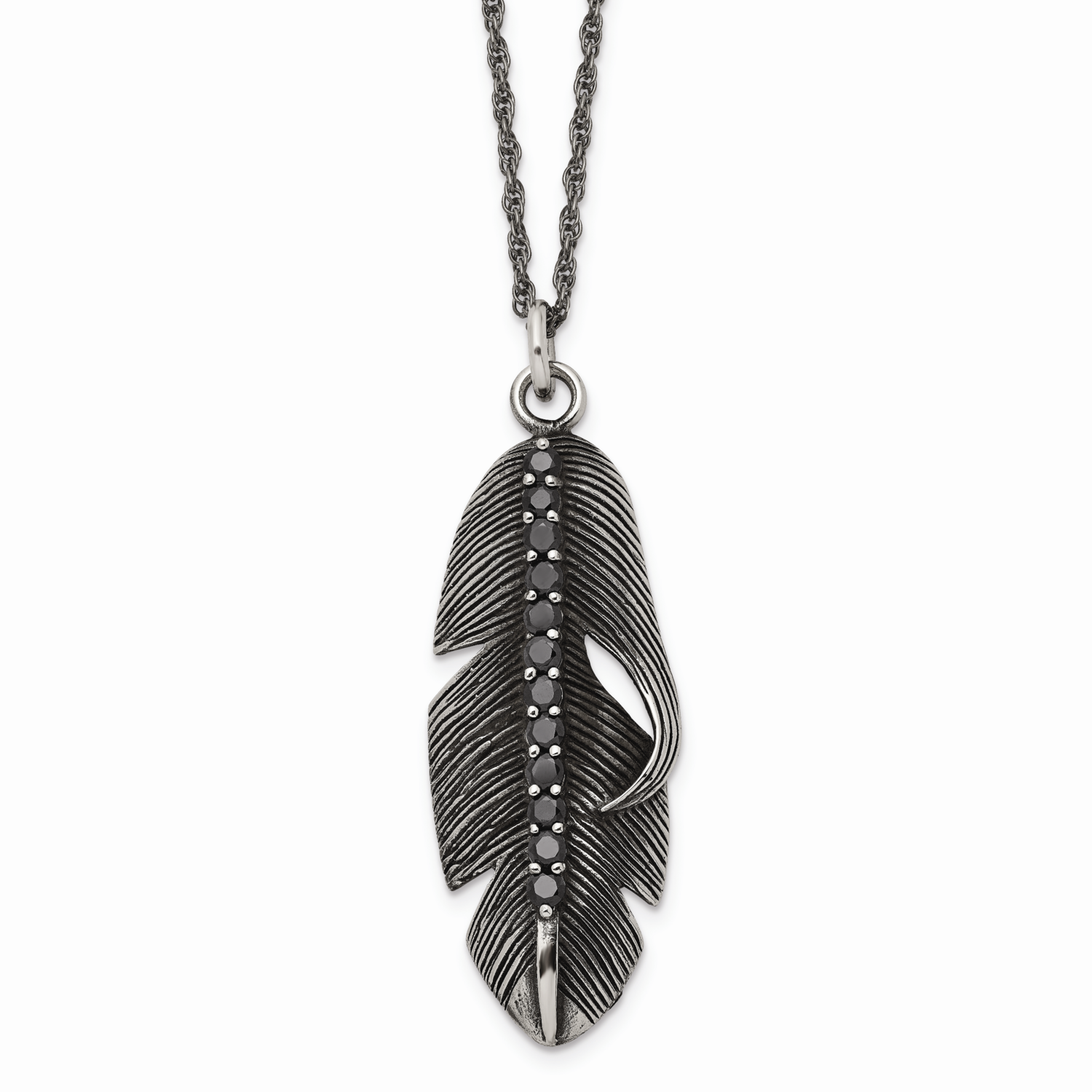 Antiqued Feather Black CZ Stone Stone Necklace Stainless Steel Polished SRN1704-20