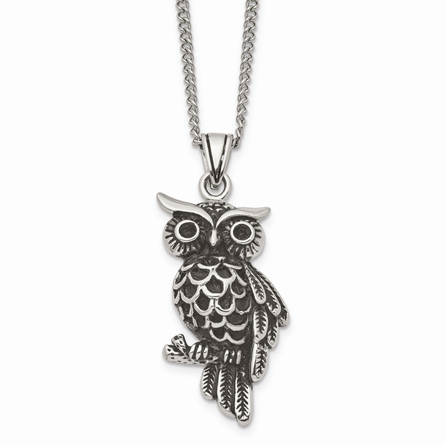 Antiqued Owl Black Crystals Necklace Stainless Steel Polished SRN1721-20