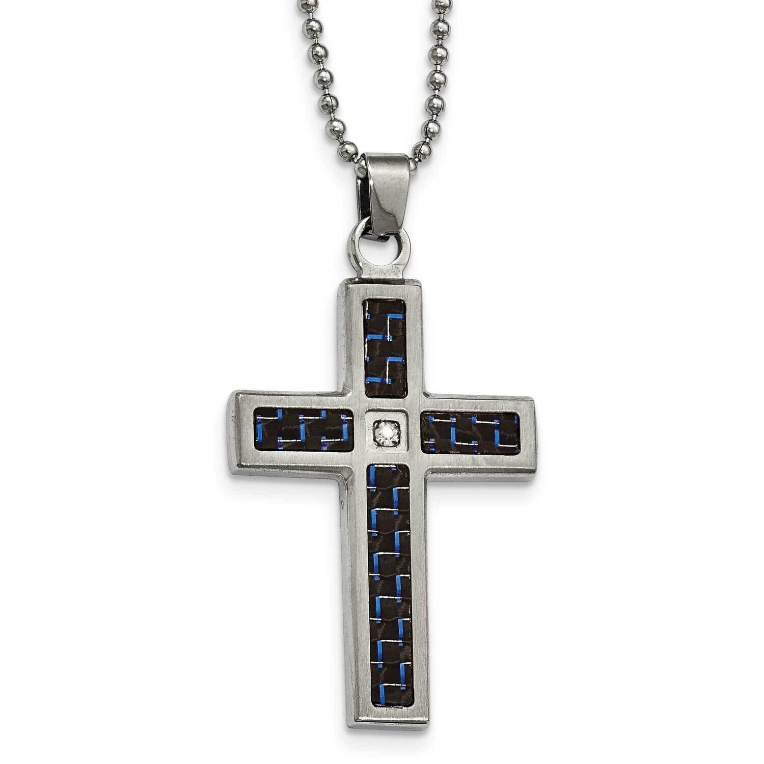 Polished Black Blue Carbon Fiber CZ Stone Stone Cross Necklace Stainless Steel Brushed SRN2029-22 b…